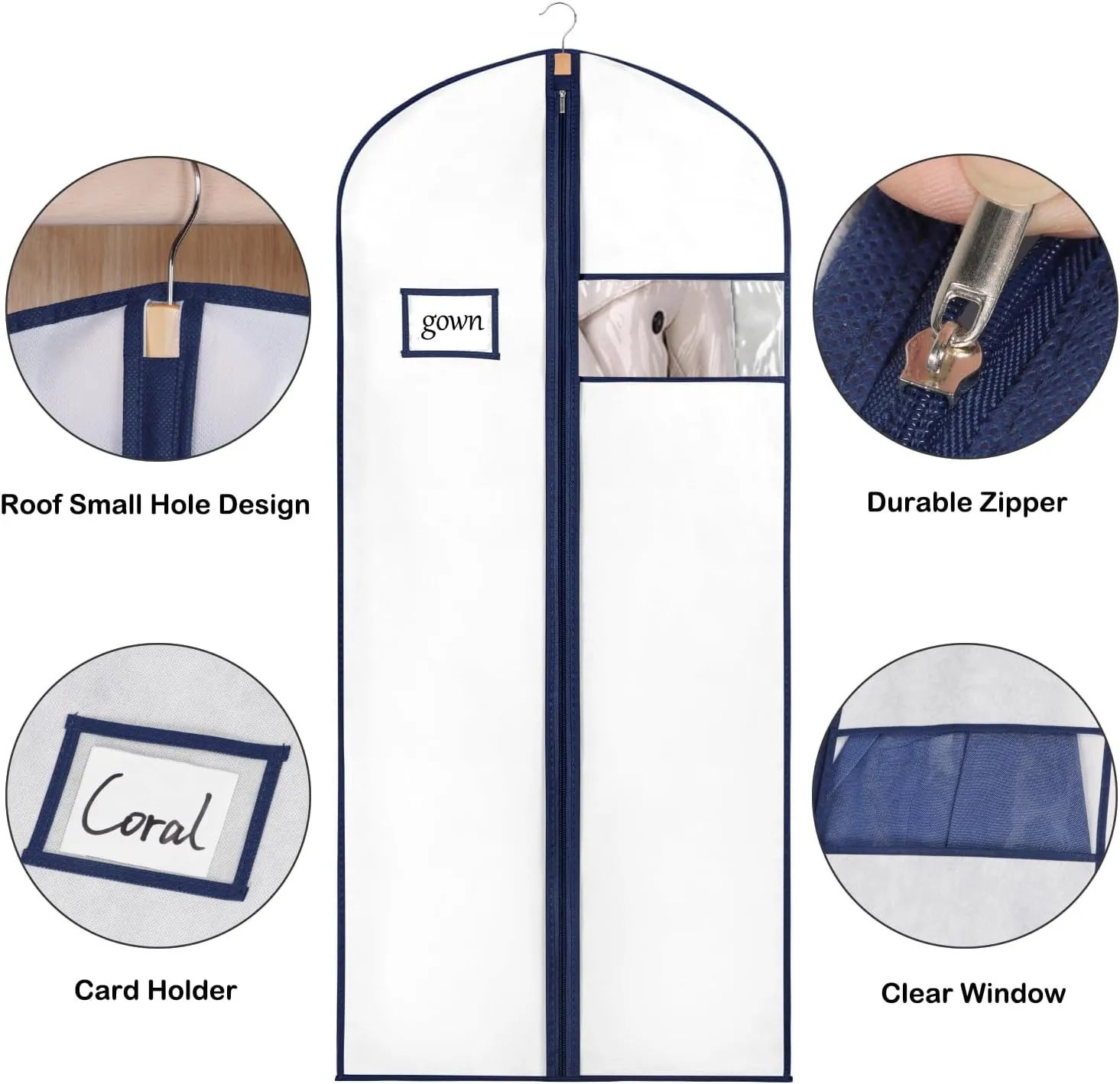 Syeeiex 60'' Garment Bags for Hanging Clothes,Set of 8 Dress Bags for Gowns,Garment Bags for Closet Storage,Dress Garment Bags for Gowns,Evening Dresses,Fur Coat,Long Dress(White & Dark Blue)