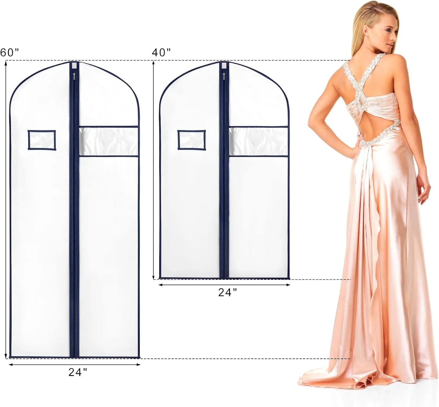Syeeiex 60'' Garment Bags for Hanging Clothes,Set of 8 Dress Bags for Gowns,Garment Bags for Closet Storage,Dress Garment Bags for Gowns,Evening Dresses,Fur Coat,Long Dress(White & Dark Blue)