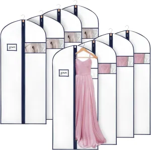 Syeeiex 60'' Garment Bags for Hanging Clothes,Set of 8 Dress Bags for Gowns,Garment Bags for Closet Storage,Dress Garment Bags for Gowns,Evening Dresses,Fur Coat,Long Dress(White & Dark Blue)