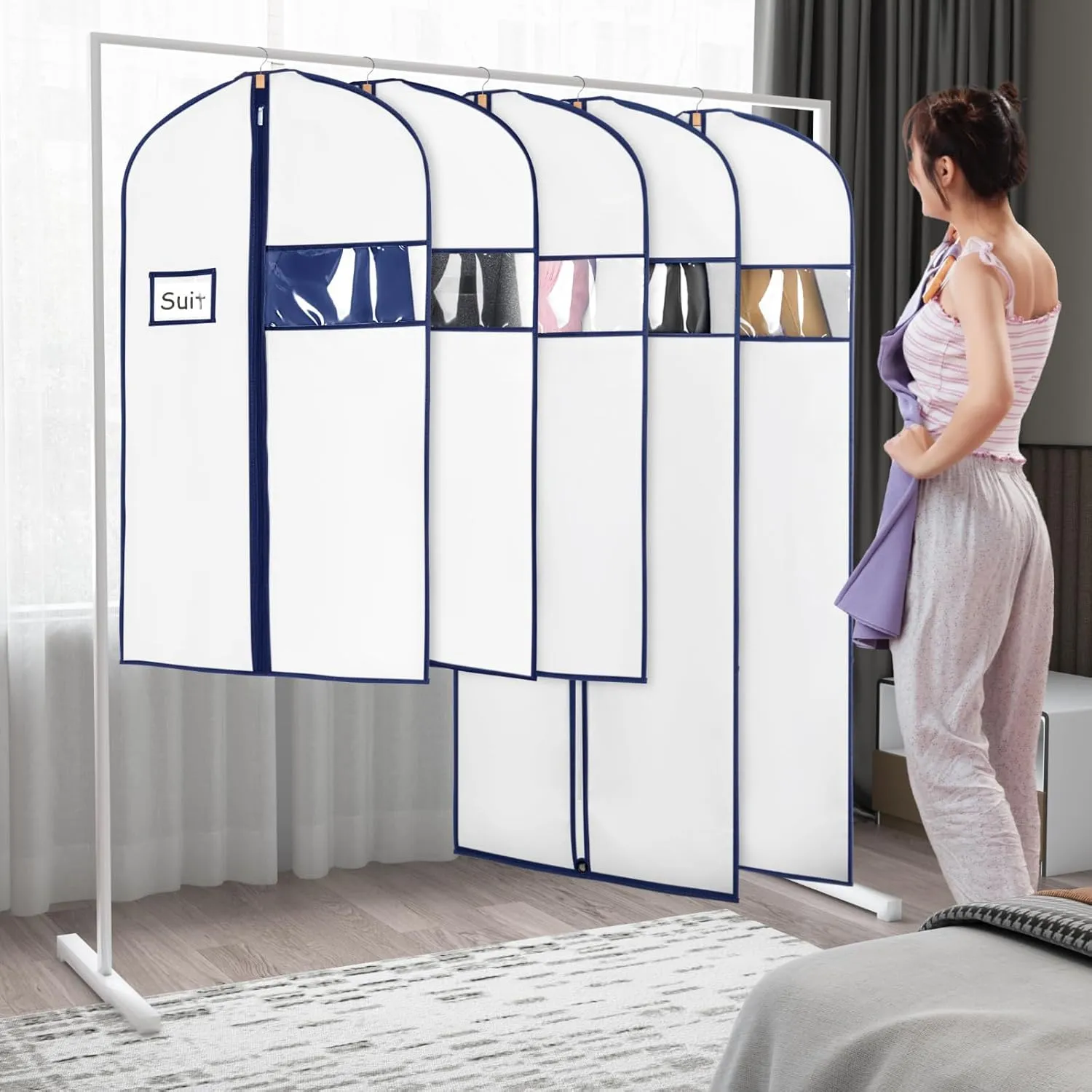 Syeeiex 60'' Garment Bags for Hanging Clothes,Set of 8 Dress Bags for Gowns,Garment Bags for Closet Storage,Dress Garment Bags for Gowns,Evening Dresses,Fur Coat,Long Dress(White & Dark Blue)