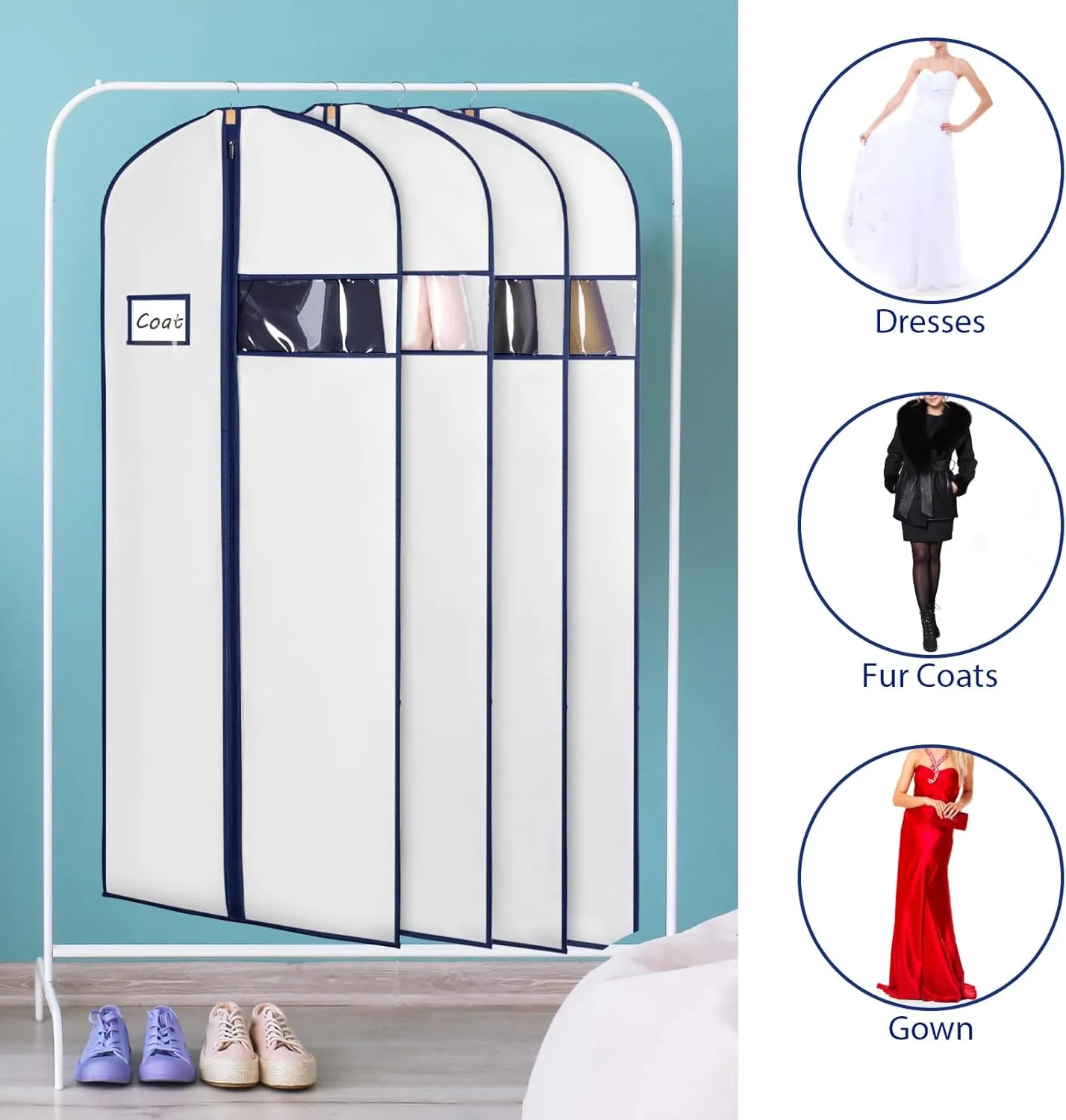 Syeeiex 60'' Garment Bags for Hanging Clothes,Set of 8 Dress Bags for Gowns,Garment Bags for Closet Storage,Dress Garment Bags for Gowns,Evening Dresses,Fur Coat,Long Dress(White & Dark Blue)