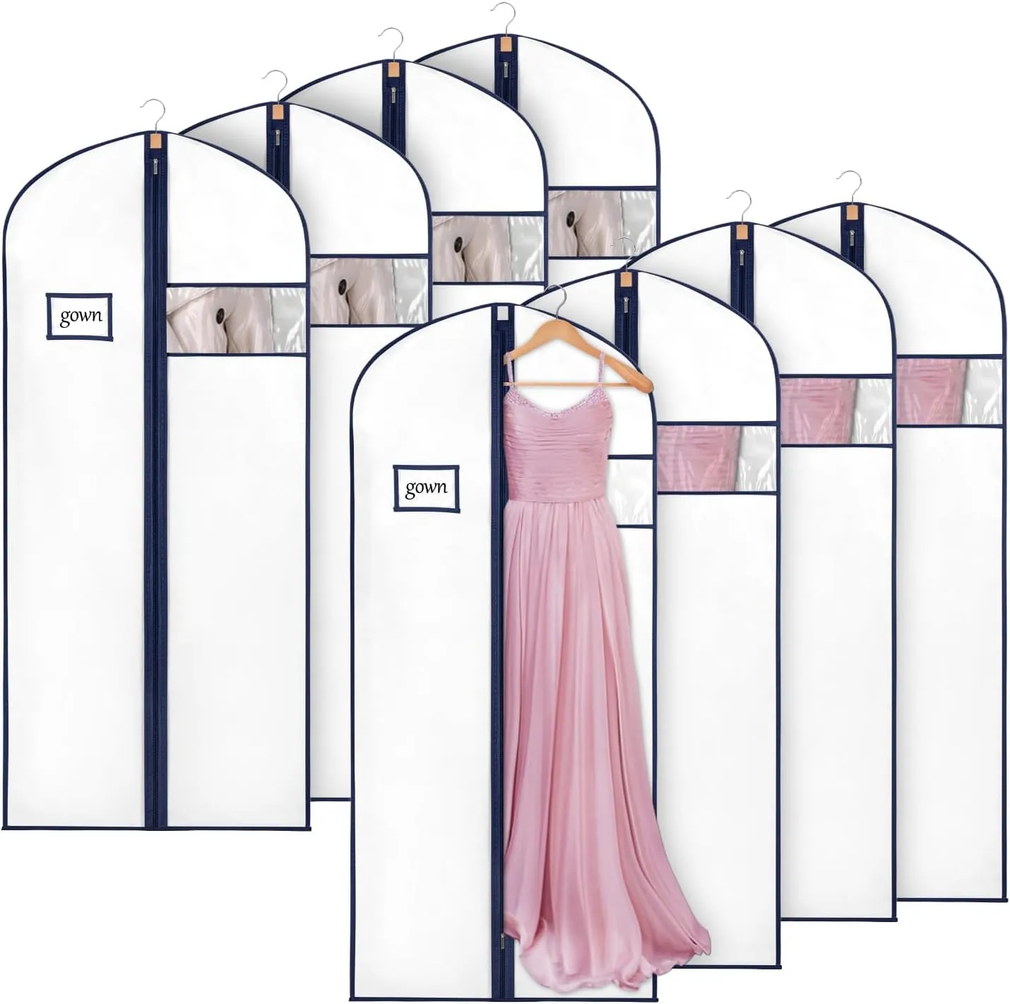 Syeeiex 60'' Garment Bags for Hanging Clothes,Set of 8 Dress Bags for Gowns,Garment Bags for Closet Storage,Dress Garment Bags for Gowns,Evening Dresses,Fur Coat,Long Dress(White & Dark Blue)