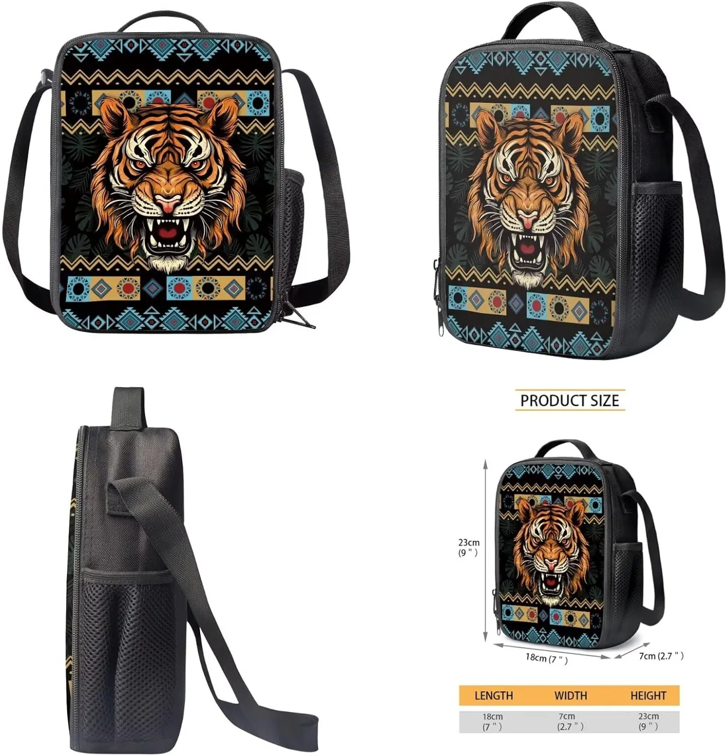 Talayituse Aztec Tiger American Tribal Geometric Print 3 Pcs Backpack Set Travel Bag Portable Bookbag Knapsack Daypack Large Capacity Backpacks Schoolbag with Lunch Box Pencil Case for Boys Teens