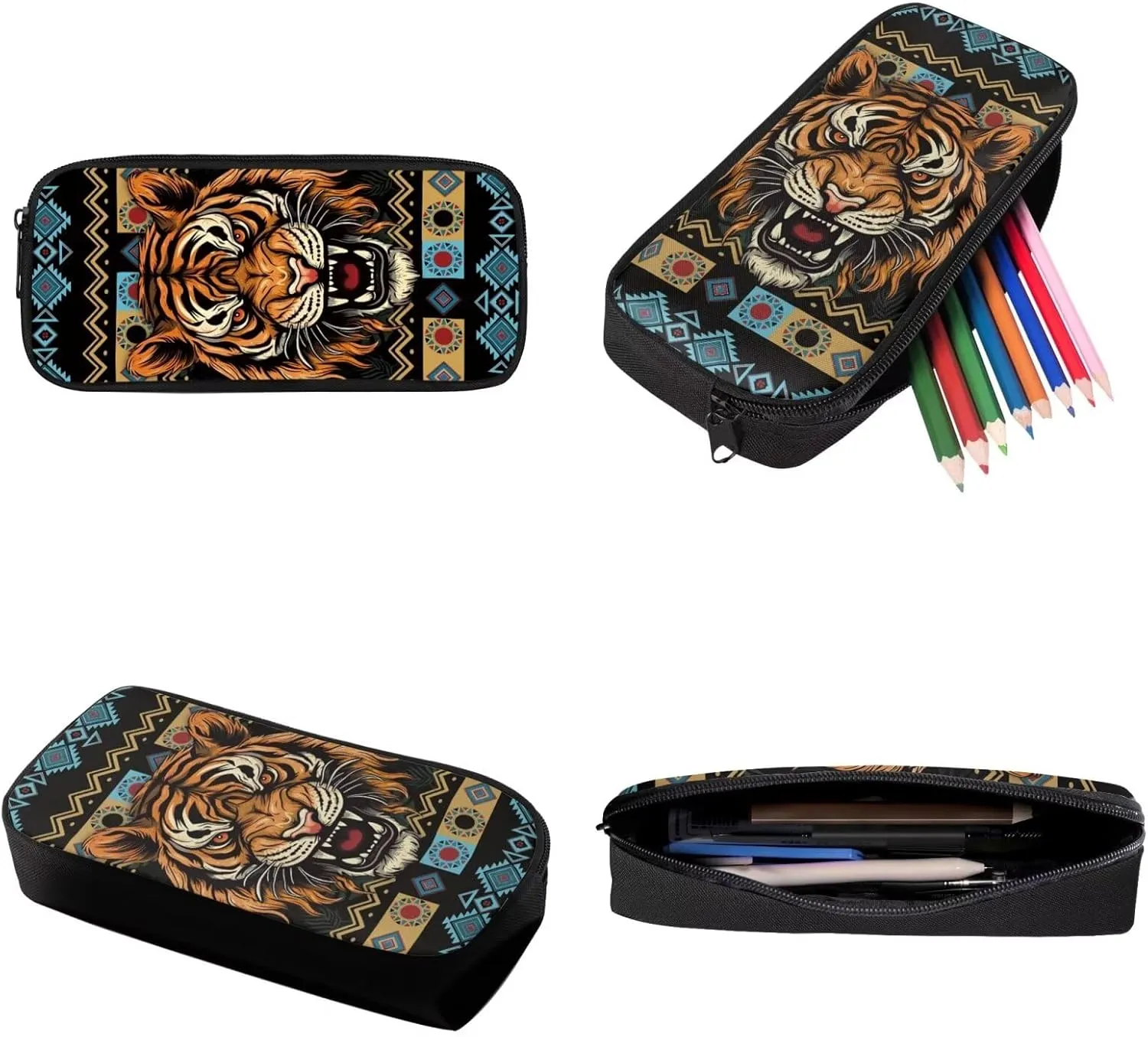 Talayituse Aztec Tiger American Tribal Geometric Print 3 Pcs Backpack Set Travel Bag Portable Bookbag Knapsack Daypack Large Capacity Backpacks Schoolbag with Lunch Box Pencil Case for Boys Teens