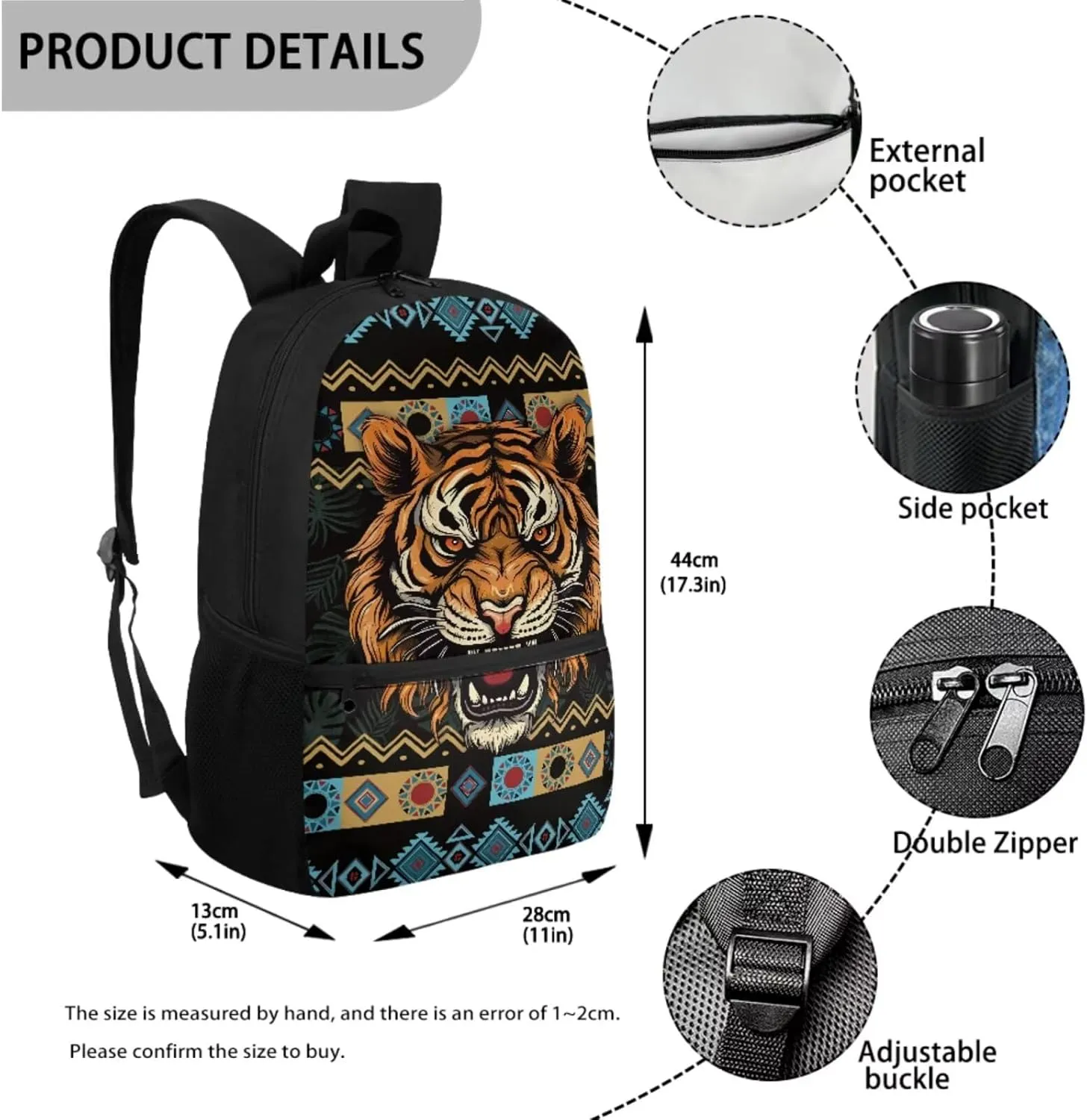 Talayituse Aztec Tiger American Tribal Geometric Print 3 Pcs Backpack Set Travel Bag Portable Bookbag Knapsack Daypack Large Capacity Backpacks Schoolbag with Lunch Box Pencil Case for Boys Teens