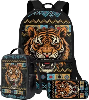 Talayituse Aztec Tiger American Tribal Geometric Print 3 Pcs Backpack Set Travel Bag Portable Bookbag Knapsack Daypack Large Capacity Backpacks Schoolbag with Lunch Box Pencil Case for Boys Teens