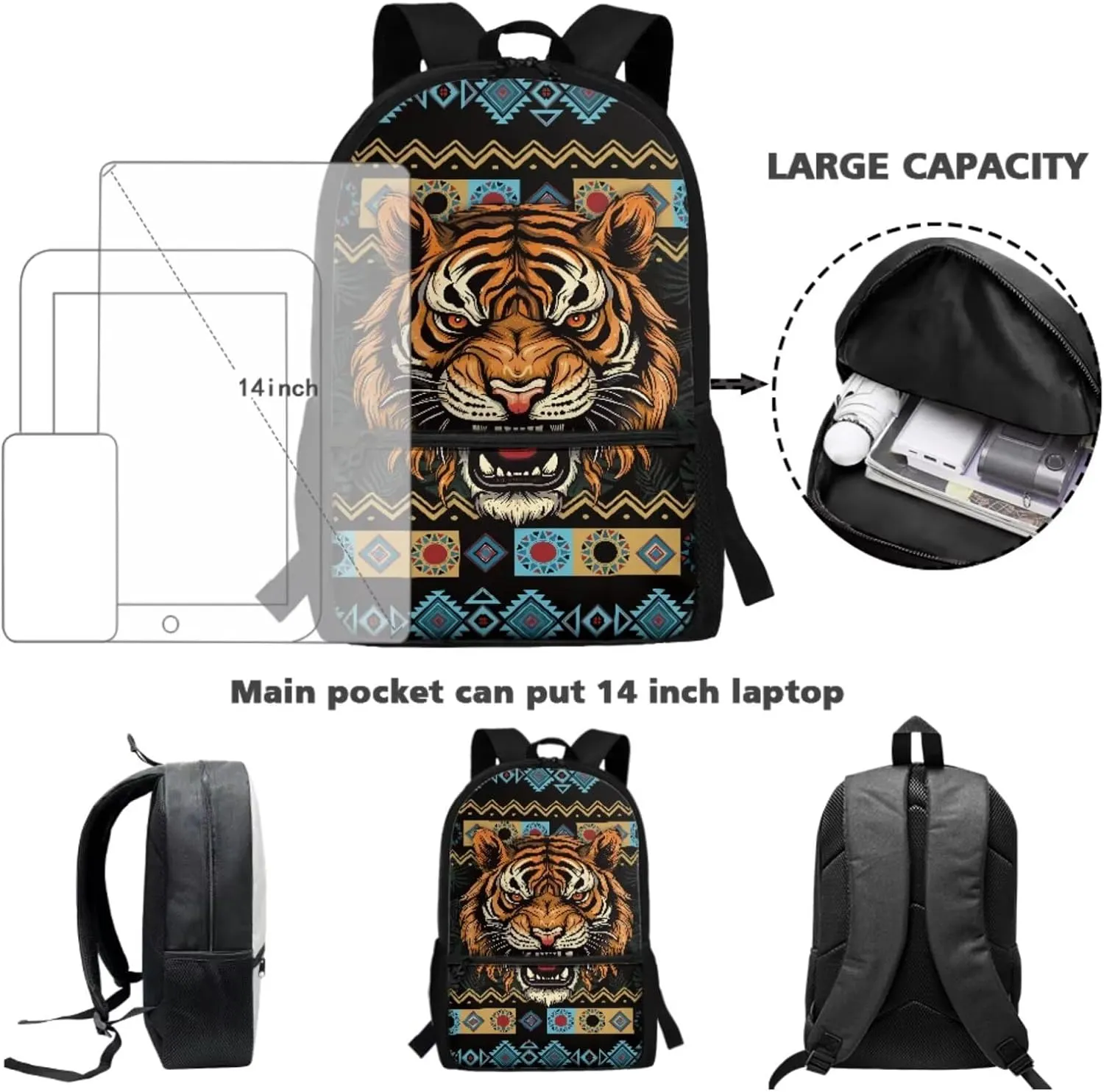 Talayituse Aztec Tiger American Tribal Geometric Print 3 Pcs Backpack Set Travel Bag Portable Bookbag Knapsack Daypack Large Capacity Backpacks Schoolbag with Lunch Box Pencil Case for Boys Teens