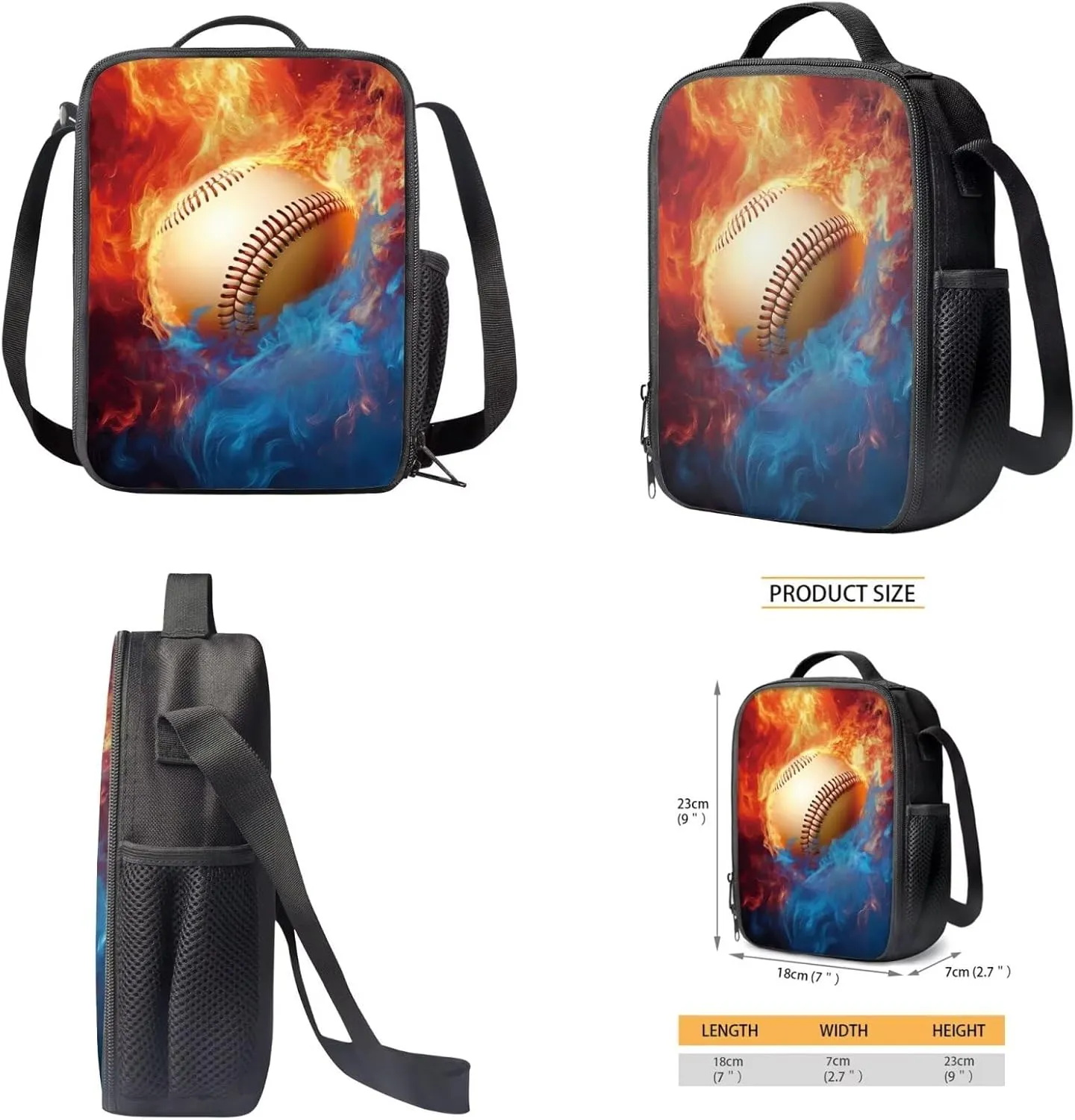 Talayituse Baseball Fire Print 3 Pcs Backpack Set Travel Bag Portable Bookbag Knapsack Daypack Large Capacity Sports Backpacks Schoolbag with Lunch Box Pencil Case for Boys Teens
