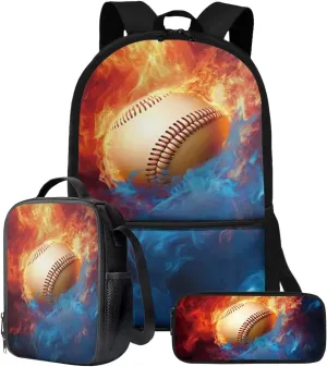 Talayituse Baseball Fire Print 3 Pcs Backpack Set Travel Bag Portable Bookbag Knapsack Daypack Large Capacity Sports Backpacks Schoolbag with Lunch Box Pencil Case for Boys Teens