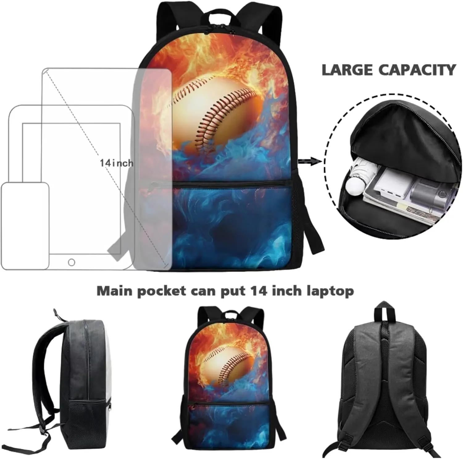 Talayituse Baseball Fire Print 3 Pcs Backpack Set Travel Bag Portable Bookbag Knapsack Daypack Large Capacity Sports Backpacks Schoolbag with Lunch Box Pencil Case for Boys Teens