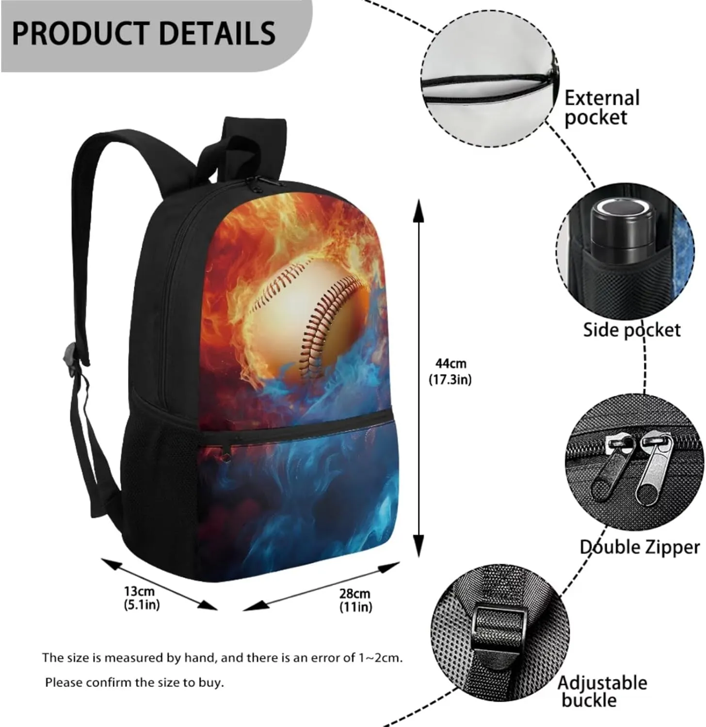 Talayituse Baseball Fire Print 3 Pcs Backpack Set Travel Bag Portable Bookbag Knapsack Daypack Large Capacity Sports Backpacks Schoolbag with Lunch Box Pencil Case for Boys Teens