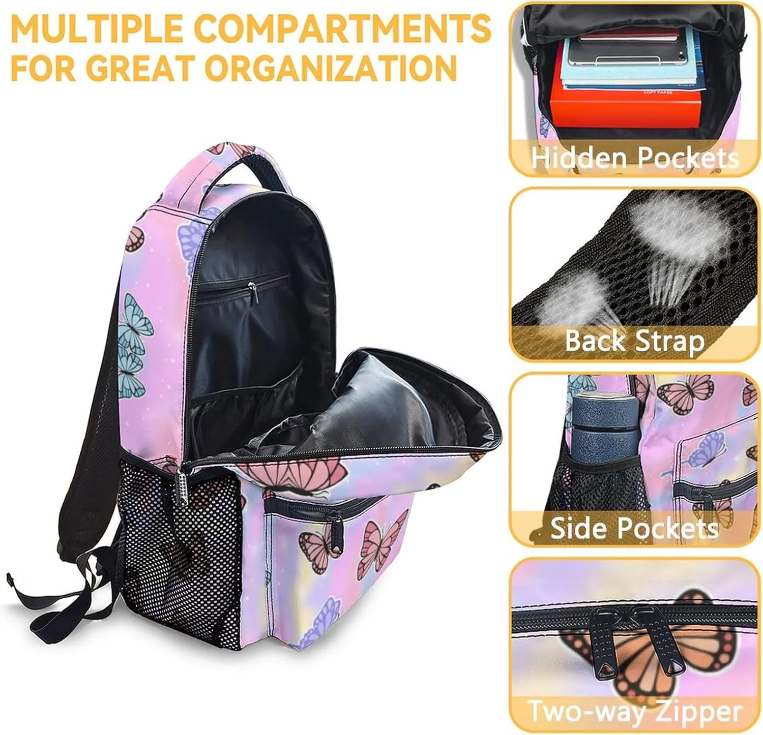 Teens, Adults Butterfly Backpack for Campus - 16 Inches Pink Backpacks for Girls, Boys, Women, Men - Trendy Carry Bookbag for Work, Travel