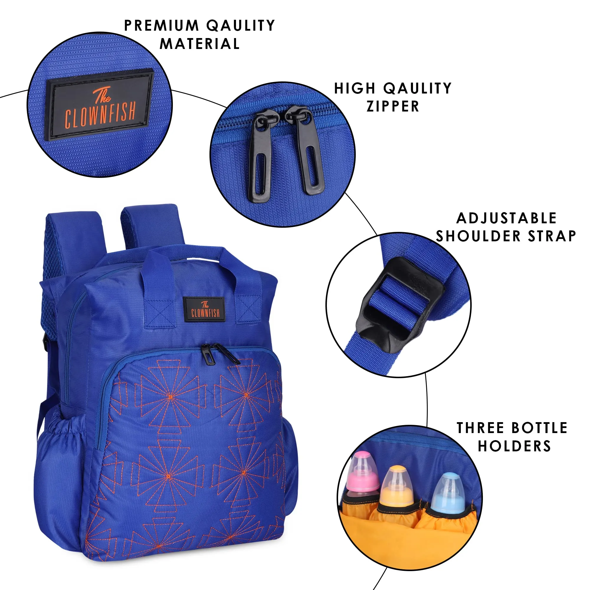 THE CLOWNFISH Mommy & Me Diaper Bag - Multi-functional with Insulated Bottle Holders | Includes Changing Mat | 13L | Royal Blue