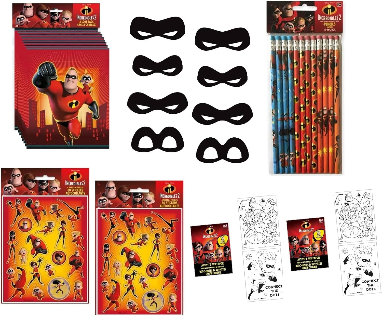 The Incredibles Party Supplies Bundle Pack includes 8 Loot Bags, 8 Paper Masks, 8 Activity Pads, 8 Sticker Sheets, 12Pencils