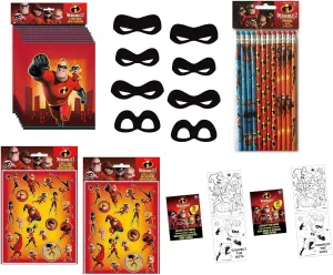 The Incredibles Party Supplies Bundle Pack includes 8 Loot Bags, 8 Paper Masks, 8 Activity Pads, 8 Sticker Sheets, 12Pencils