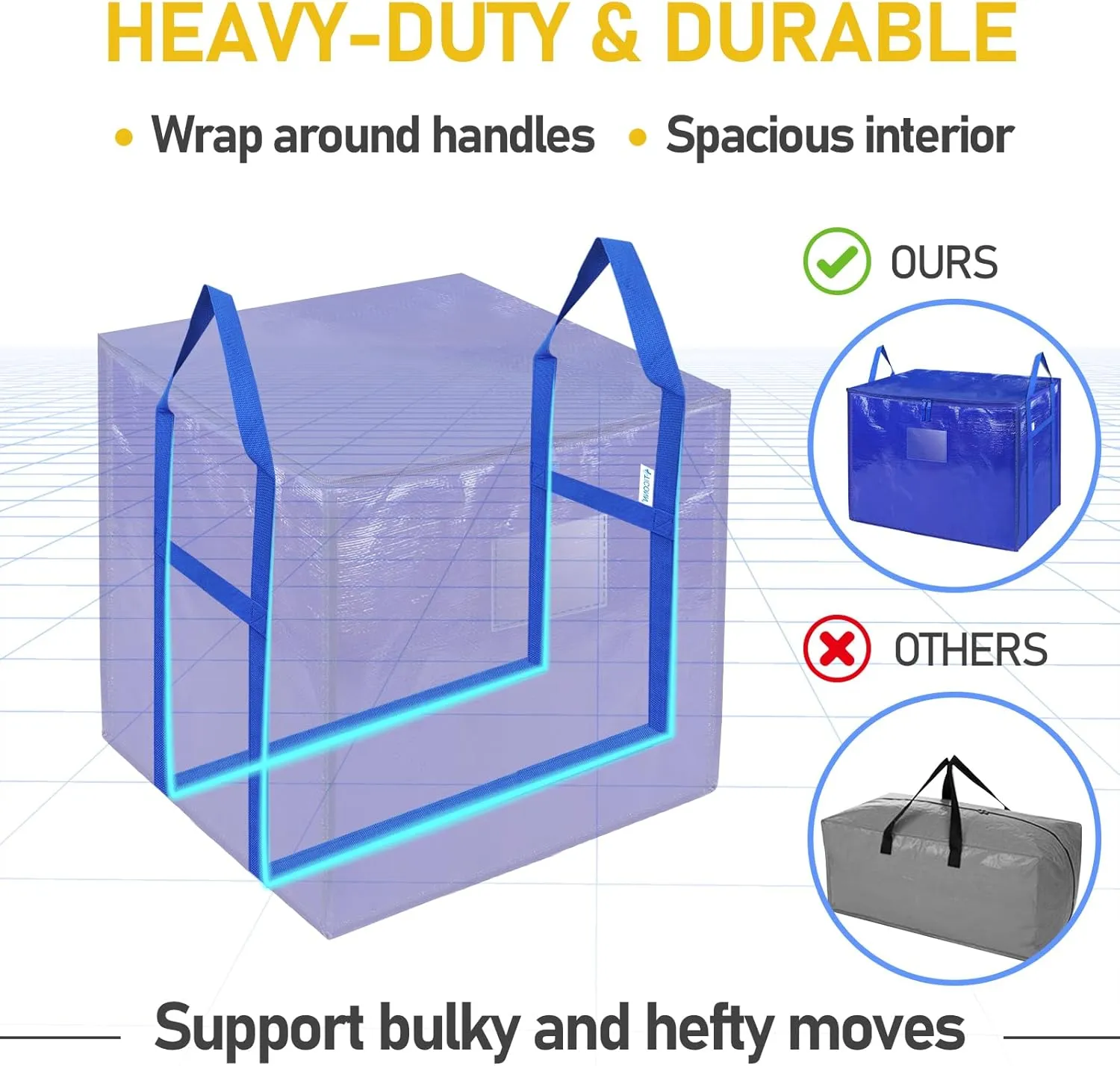 TICONN 2 Pack Extra Large Moving Bags with Zippers & Carrying Handles, Heavy-Duty Storage Tote Moving Boxes for Space Saving (2 PK, 60 Gallon)
