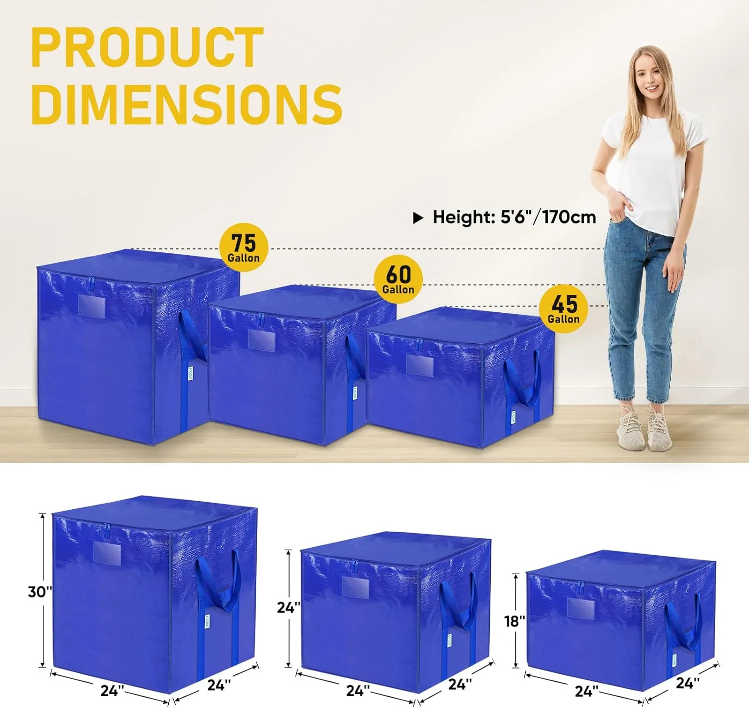 TICONN 2 Pack Extra Large Moving Bags with Zippers & Carrying Handles, Heavy-Duty Storage Tote Moving Boxes for Space Saving (2 PK, 60 Gallon)