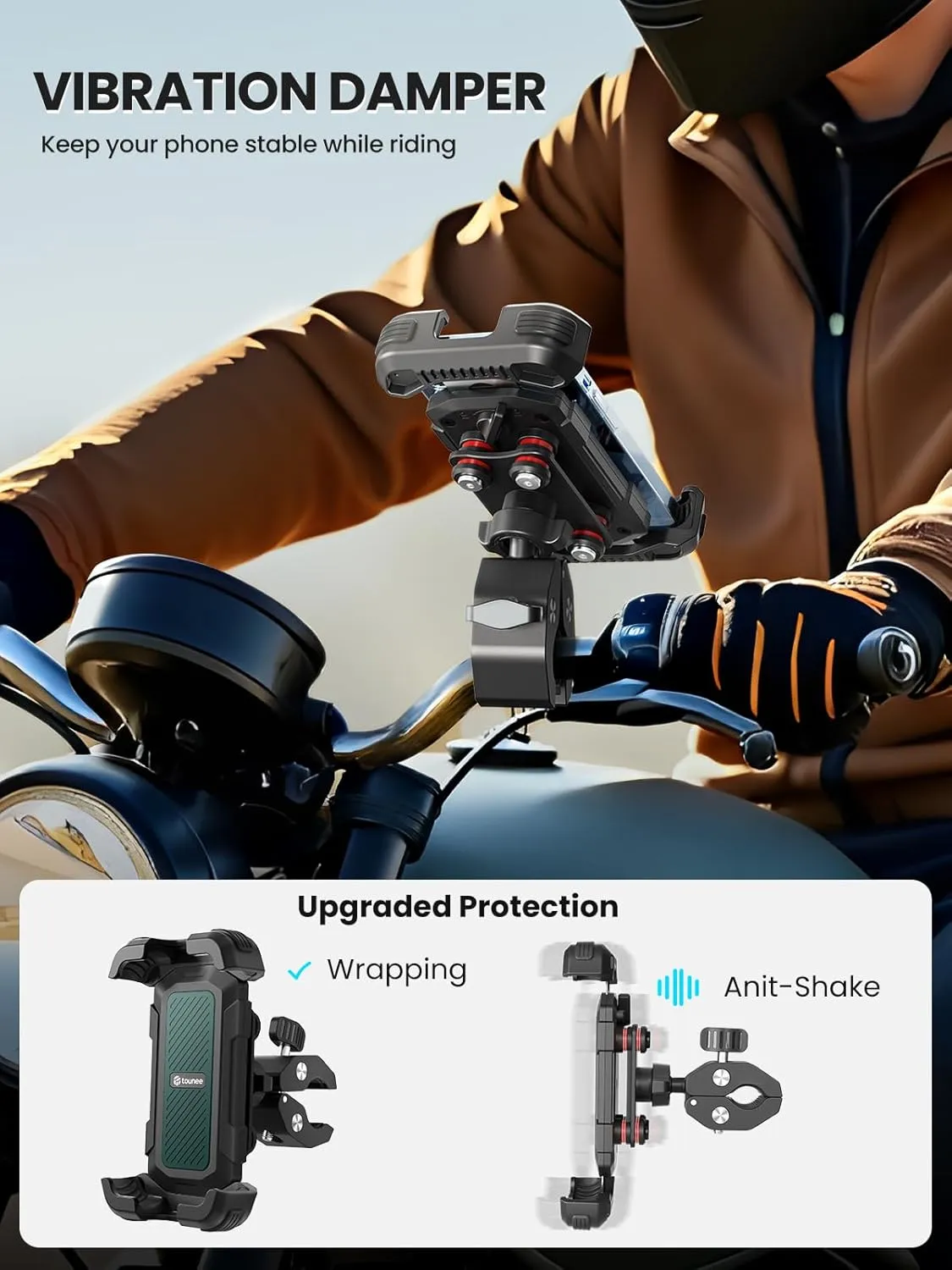 tounee Motorcycle Phone Holder Mount -Dual Vibration Dampener, Tool-Free Bike Phone Holder Handlebar Clip & Secure Lock for iPhone 16/15 Pro Max, 4.7-6.9" Phones - Green