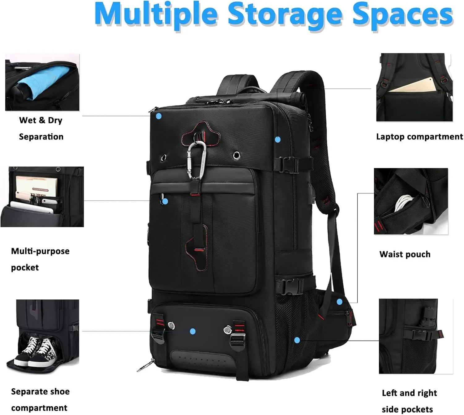 Travel Backpack Large Capacity Shoulder Bag for Outdoor Activities 60L Expandable Flight Backpack Men's Women's Hiking Waterproof Sturdy Oxford Cloth Backpacks Black