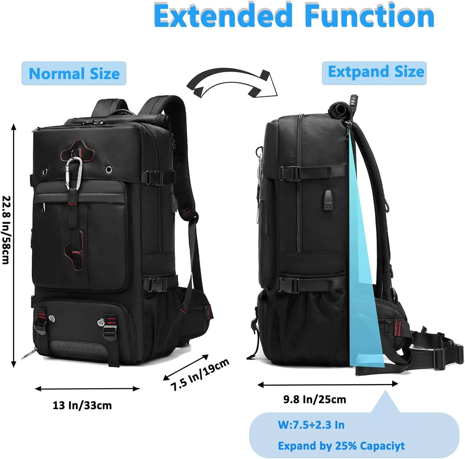 Travel Backpack Large Capacity Shoulder Bag for Outdoor Activities 60L Expandable Flight Backpack Men's Women's Hiking Waterproof Sturdy Oxford Cloth Backpacks Black