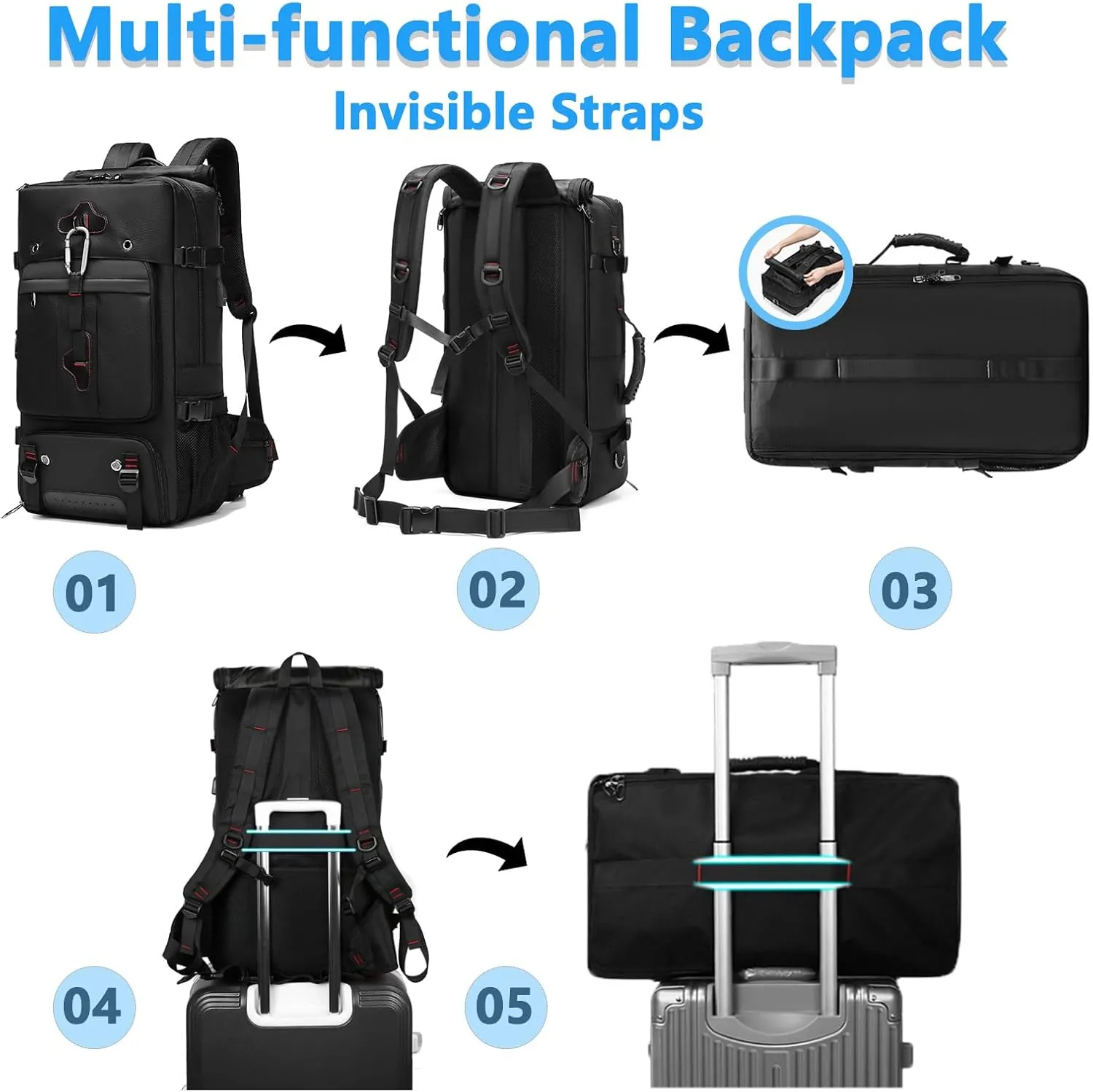 Travel Backpack Large Capacity Shoulder Bag for Outdoor Activities 60L Expandable Flight Backpack Men's Women's Hiking Waterproof Sturdy Oxford Cloth Backpacks Black