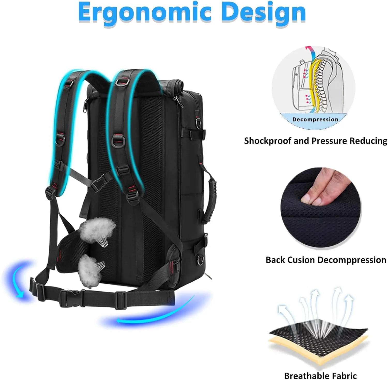 Travel Backpack Large Capacity Shoulder Bag for Outdoor Activities 60L Expandable Flight Backpack Men's Women's Hiking Waterproof Sturdy Oxford Cloth Backpacks Black