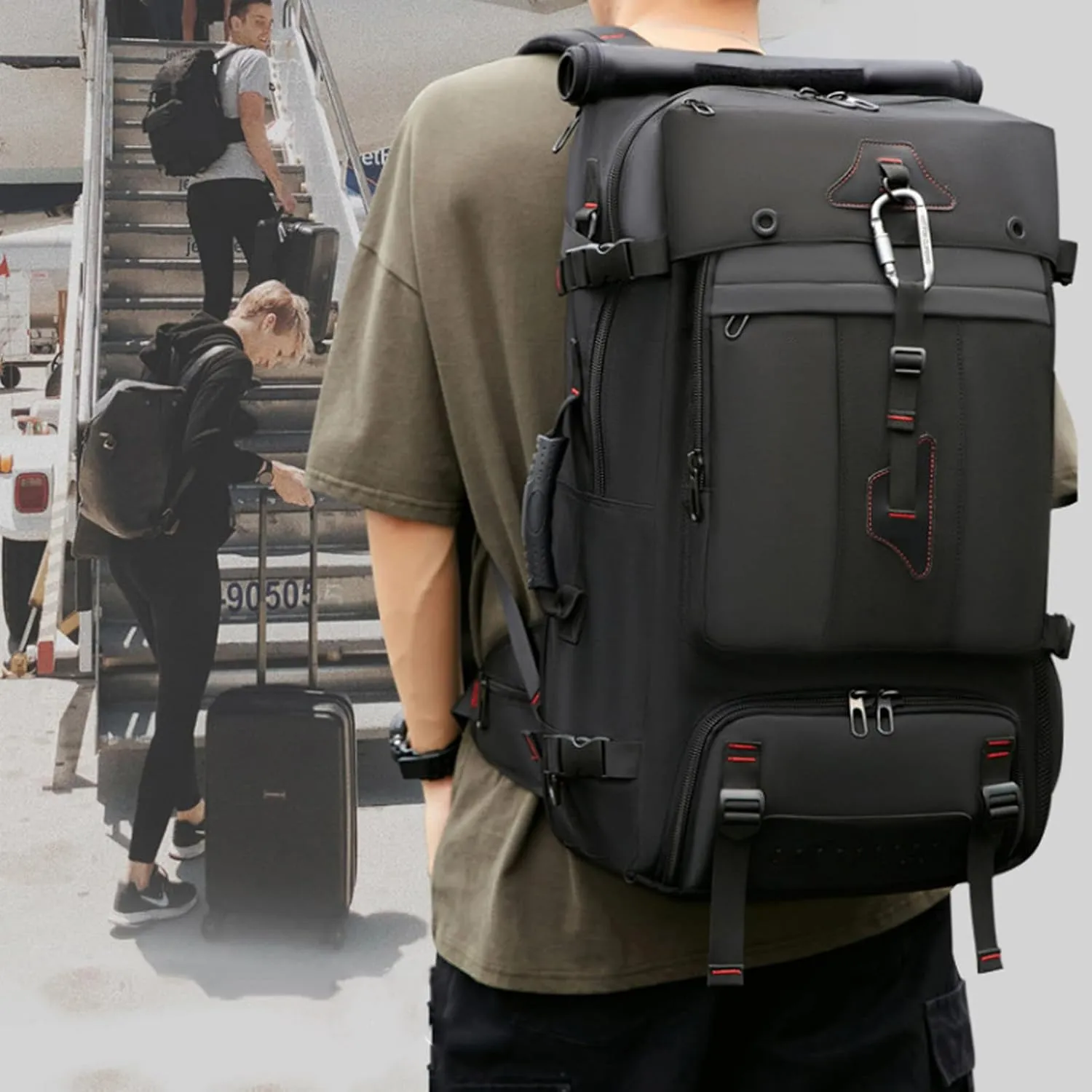 Travel Backpack Large Capacity Shoulder Bag for Outdoor Activities 60L Expandable Flight Backpack Men's Women's Hiking Waterproof Sturdy Oxford Cloth Backpacks Black