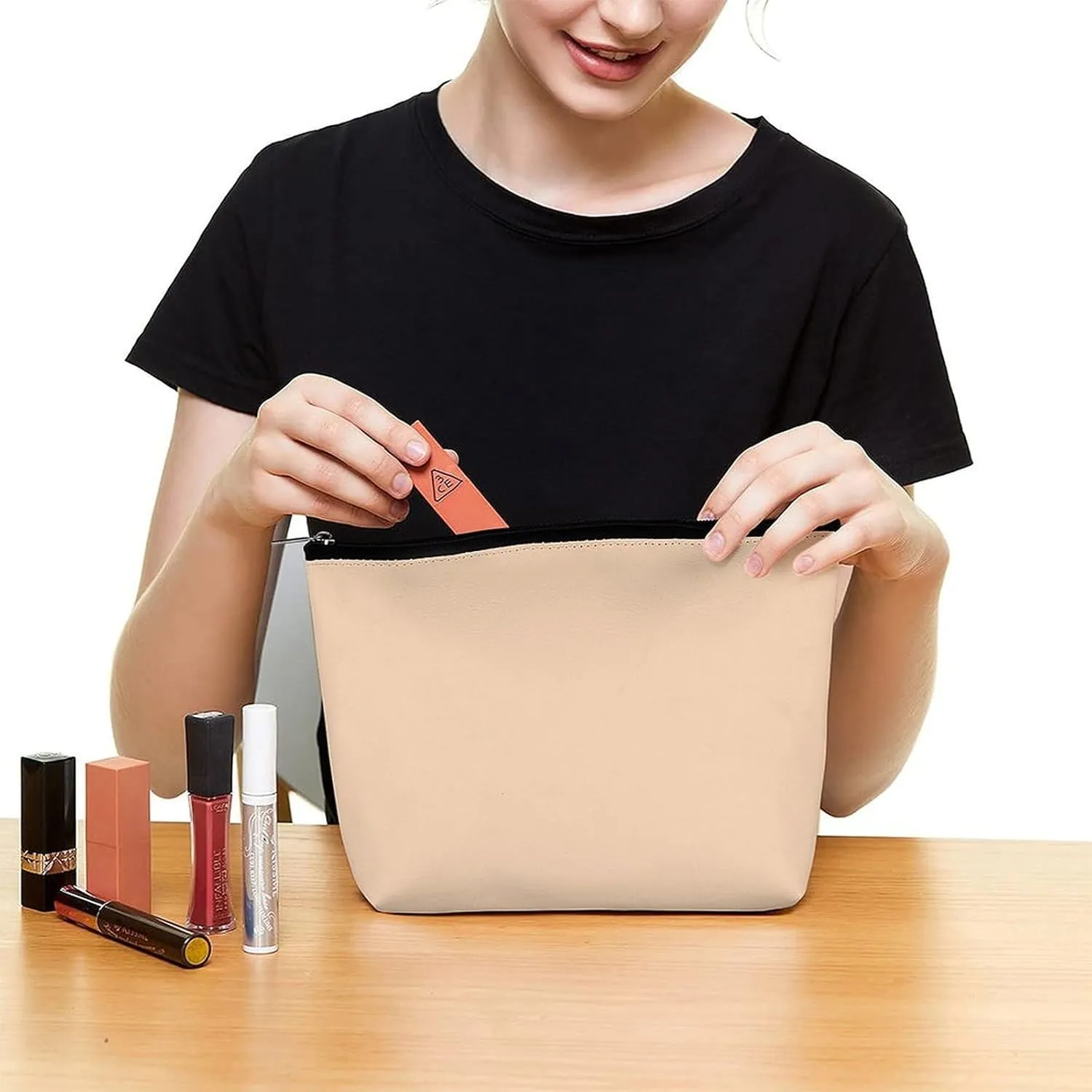 Travel Makeup Bag, Pale Peach Solid Color Cosmetic Bags for Women Large Capacity Waterproof Toiletry Pouch Make up Organizer