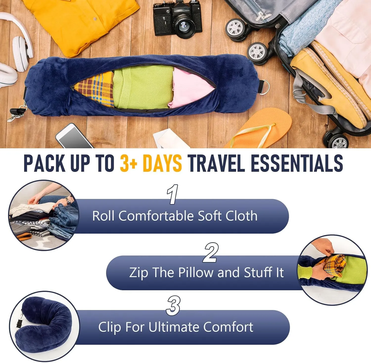 Travel Neck Pillow Stuffable with Clothes, Stuffable Neck Pillow for Travel, Packable Fillable Storage Bag for Airplane Travel, Soft Velvet Neck Pillow Case Cover