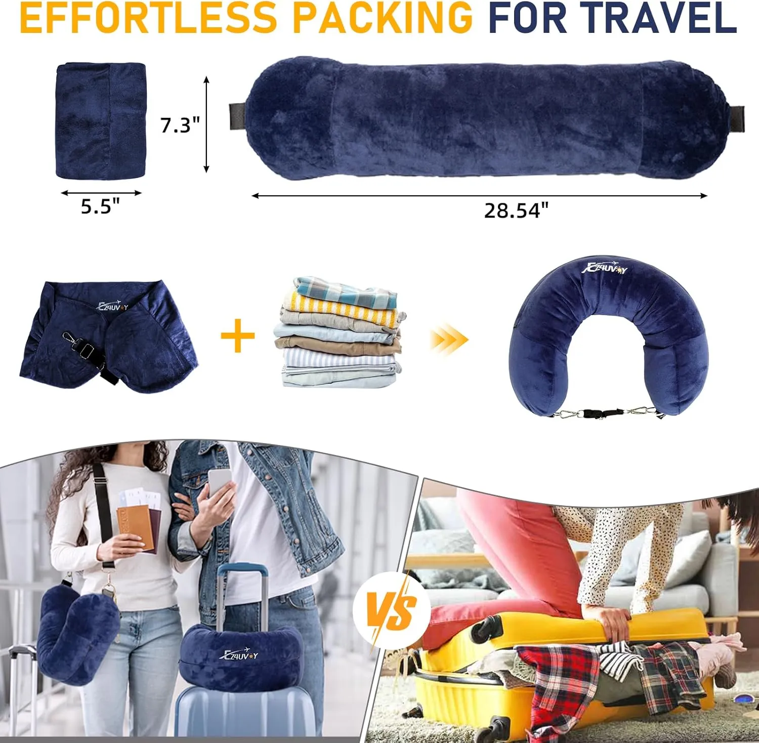 Travel Neck Pillow Stuffable with Clothes, Stuffable Neck Pillow for Travel, Packable Fillable Storage Bag for Airplane Travel, Soft Velvet Neck Pillow Case Cover