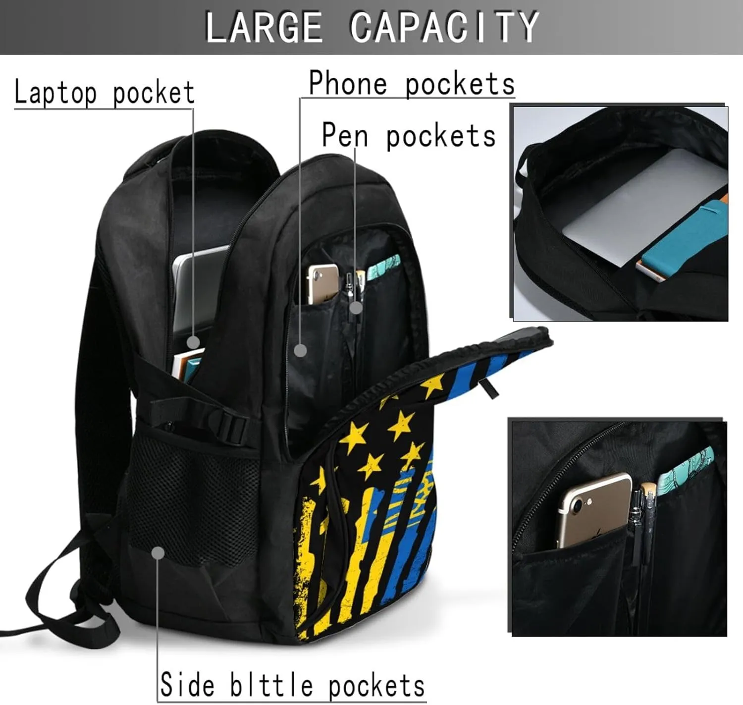 Ukrainian American Flag Ukraine Roots Casual Travel Backpacks Hiking Camping Backpack Large Outdoor Sport Daypack Laptop Rucksack Climbing Working Bags with USB Port