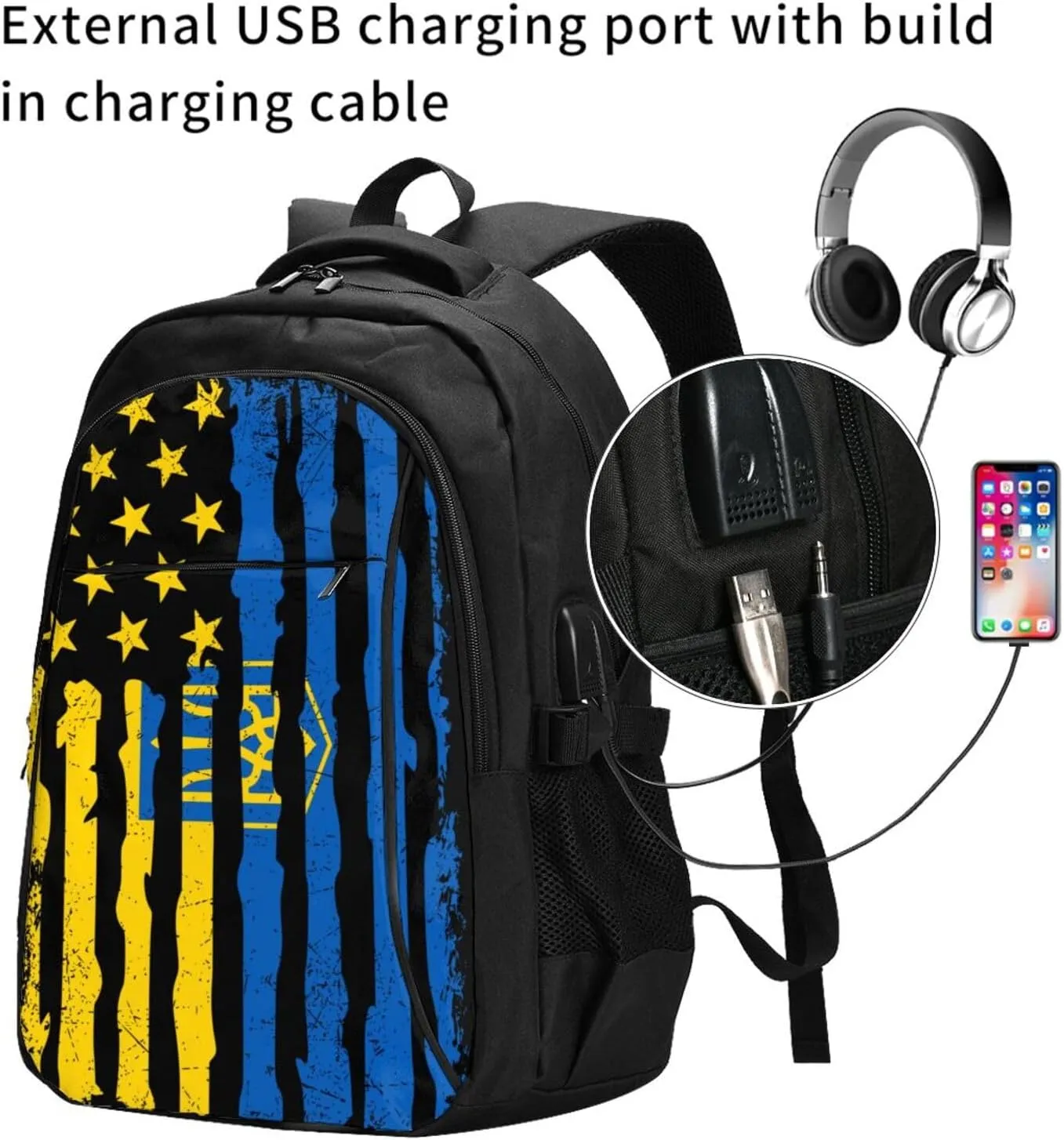 Ukrainian American Flag Ukraine Roots Casual Travel Backpacks Hiking Camping Backpack Large Outdoor Sport Daypack Laptop Rucksack Climbing Working Bags with USB Port