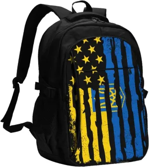 Ukrainian American Flag Ukraine Roots Casual Travel Backpacks Hiking Camping Backpack Large Outdoor Sport Daypack Laptop Rucksack Climbing Working Bags with USB Port