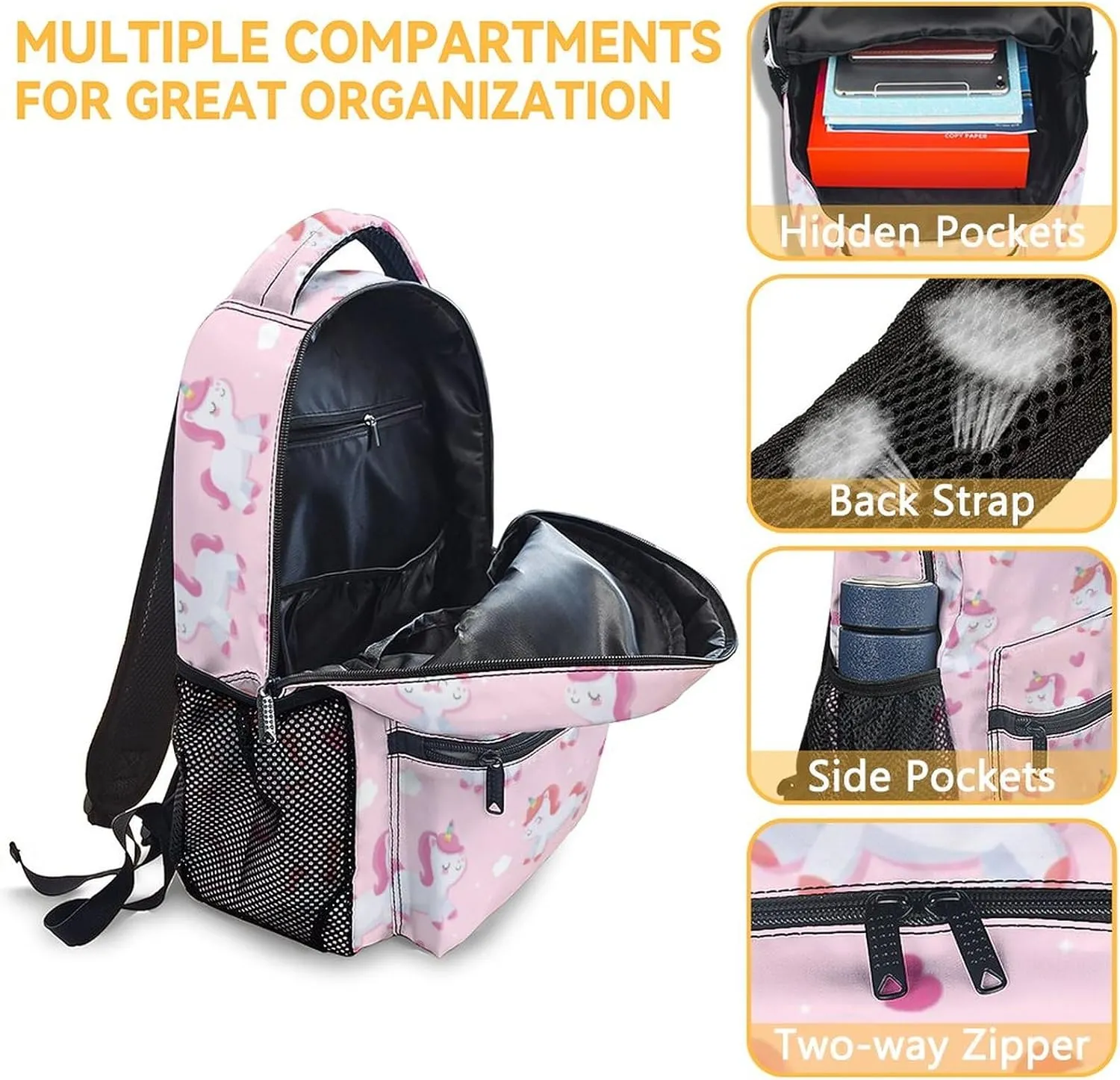 Unicorn Backpacks for Girls Boys, 16 Inch Cute Backpack for School, Pink, Large Capacity, Durable, Lightweight Bookbag for Kids Travel