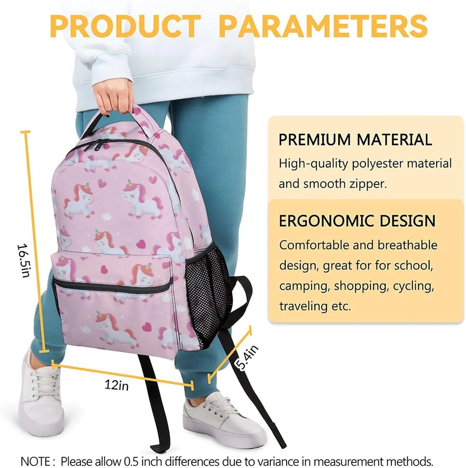 Unicorn Backpacks for Girls Boys, 16 Inch Cute Backpack for School, Pink, Large Capacity, Durable, Lightweight Bookbag for Kids Travel