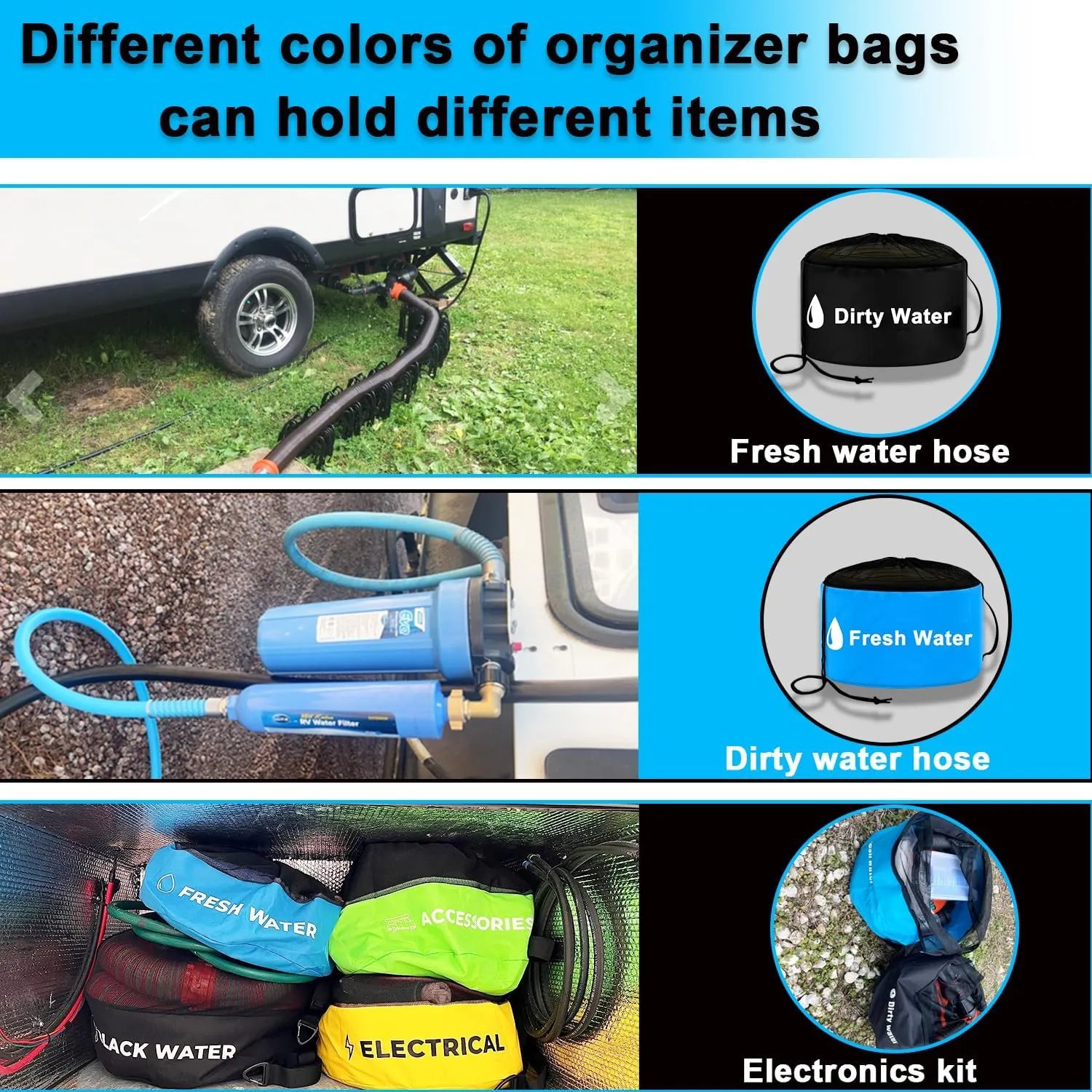 UNXMRFF 1-Pack Yellow Waterproof RV Hose Storage Bags with Drawstring Mesh Top, RV Utility bag, Sewer Hose Bag, Camper Tools Accessories Bag for Electrical Cords, Black/Fresh Water Hoses