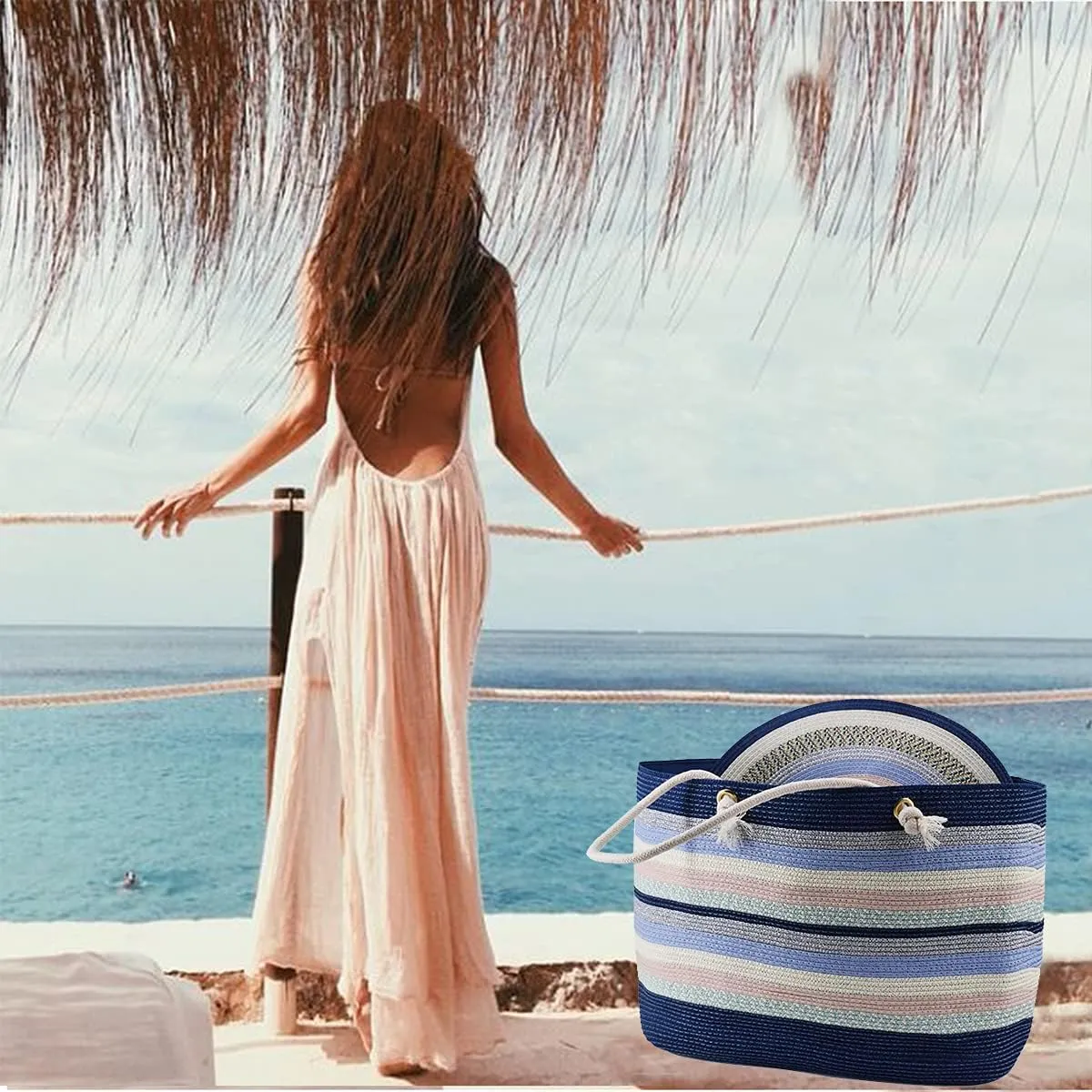 utop Large Beach bag for Women Straw Beach Tote Bags Cotton Rope Handles Durable Lightweight with Large Capacity Bags