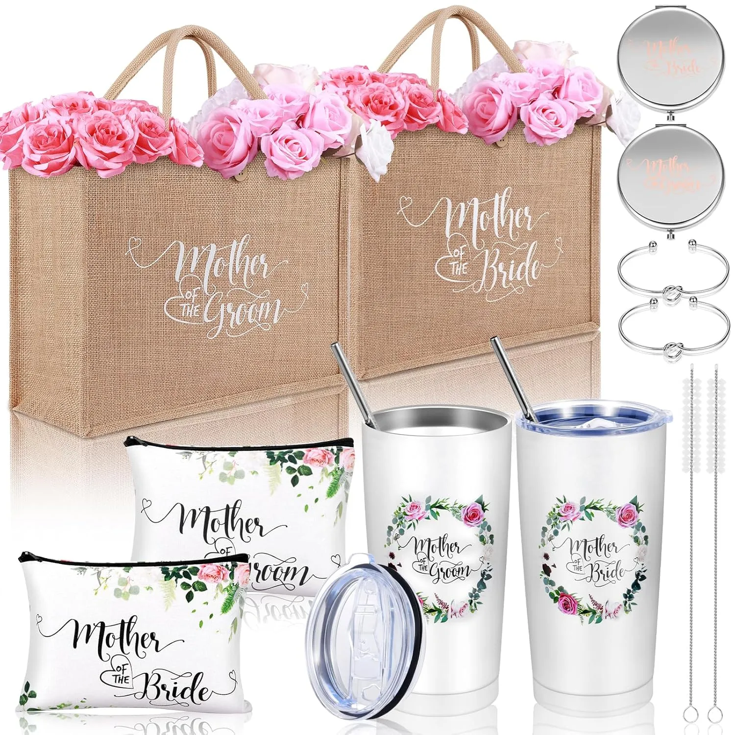 VAIPI 2 Sets Mother of Bride Gifts and Mother of the Groom Gifts with 20 oz Tumblers, Canvas Tote Bags, Makeup Bags, Makeup Mirrors, Knot Bracelets Mother in Law Wedding Gift for Mom