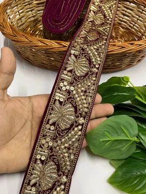 Velvet Lace Design with Zari Work Lace Reel for Dupatta, Kurtis, Suits, Bags, and Lehengas (9 Mtr) | Wine
