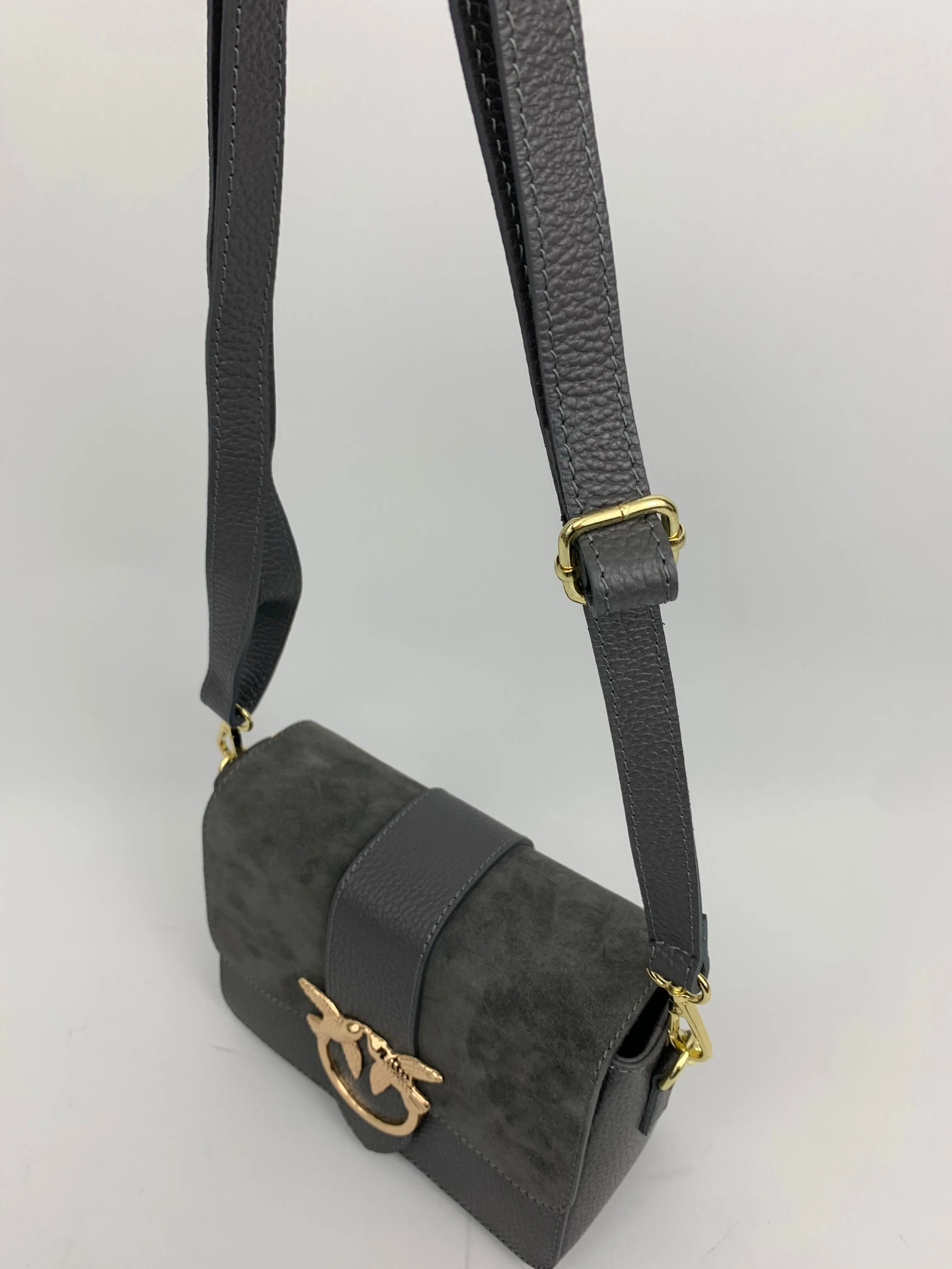 VENICE SILVER - Italian Genuine leather top handle/ crossbody bag with suede front flap