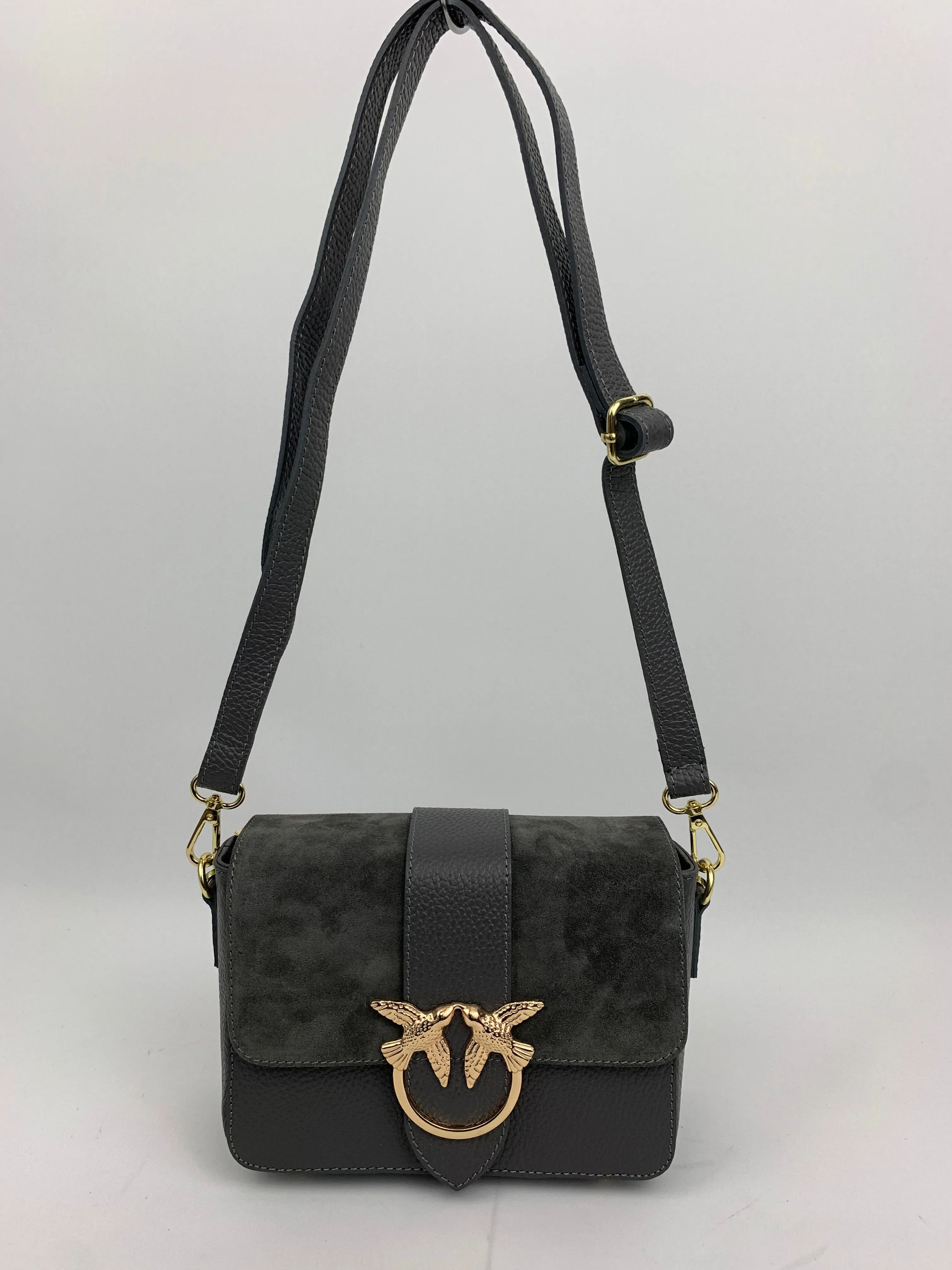 VENICE SILVER - Italian Genuine leather top handle/ crossbody bag with suede front flap