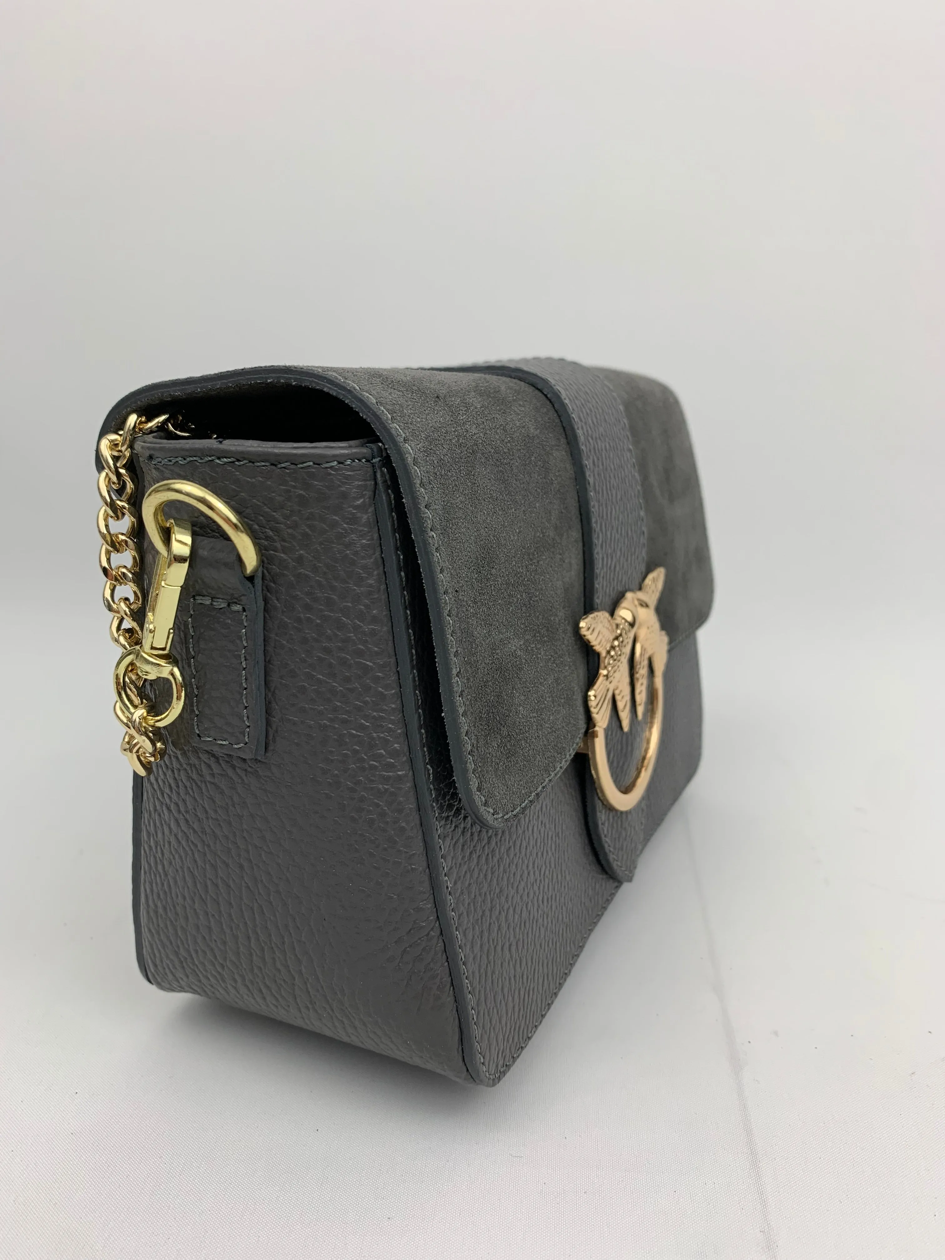 VENICE SILVER - Italian Genuine leather top handle/ crossbody bag with suede front flap