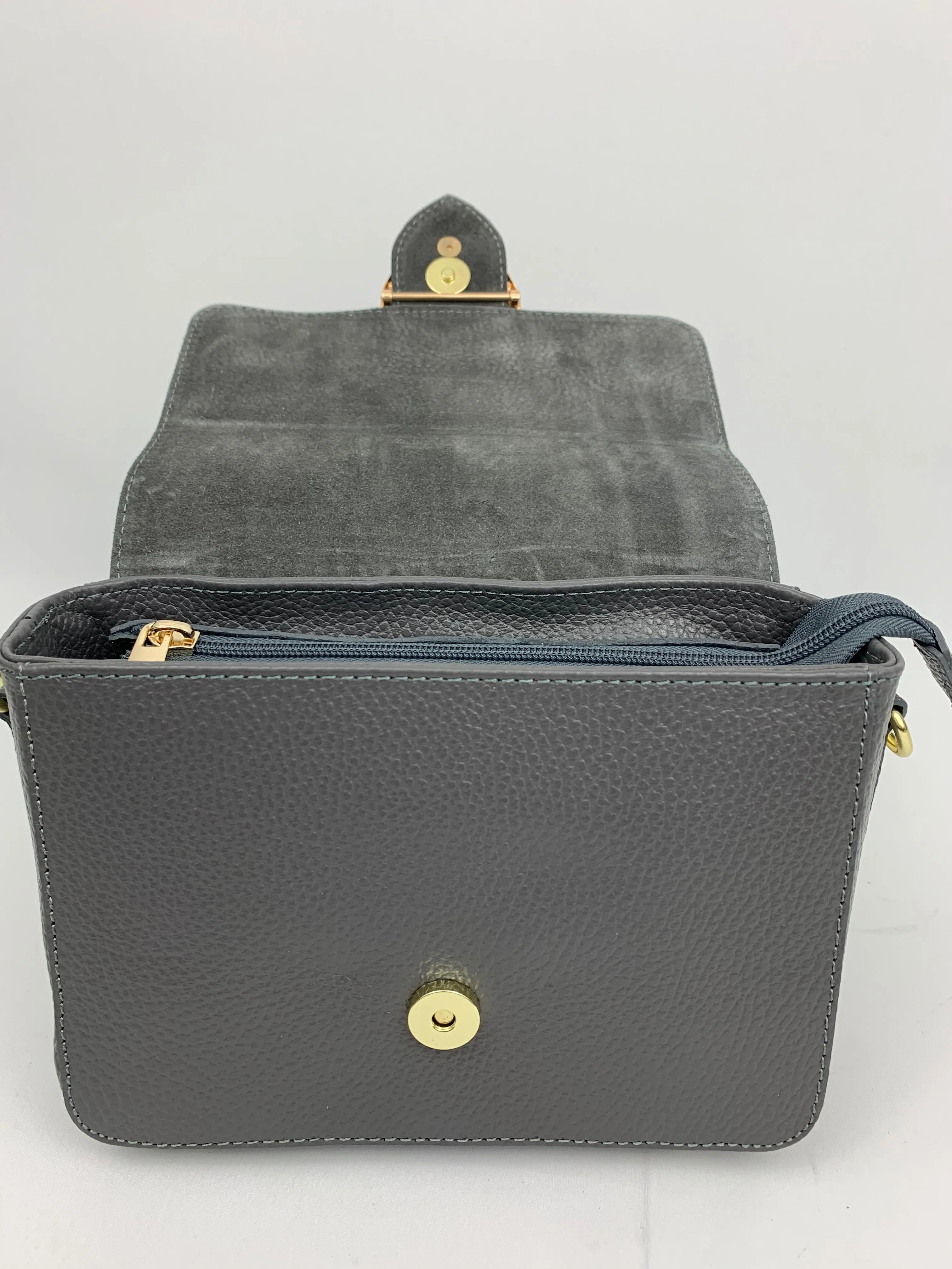 VENICE SILVER - Italian Genuine leather top handle/ crossbody bag with suede front flap