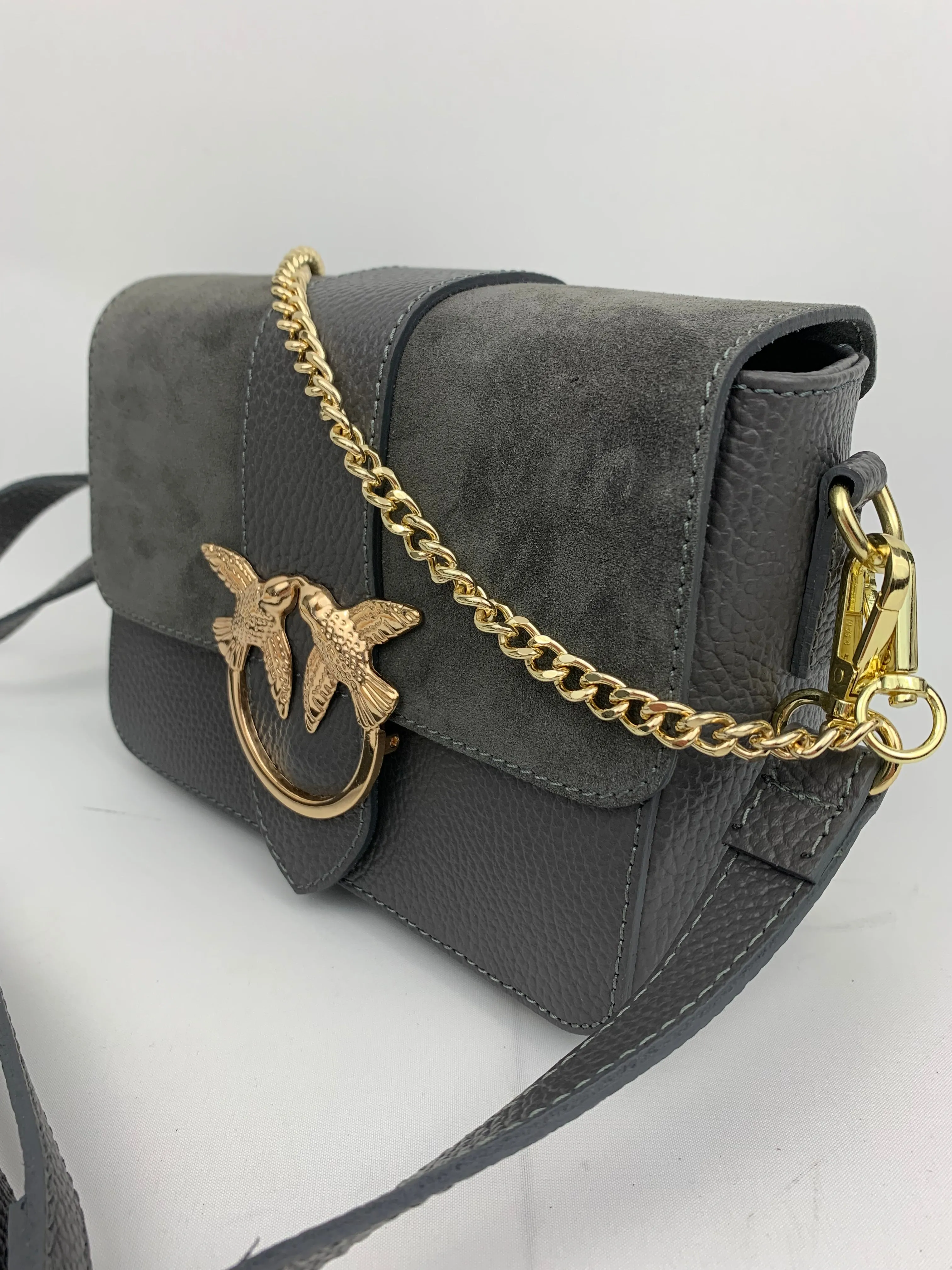 VENICE SILVER - Italian Genuine leather top handle/ crossbody bag with suede front flap