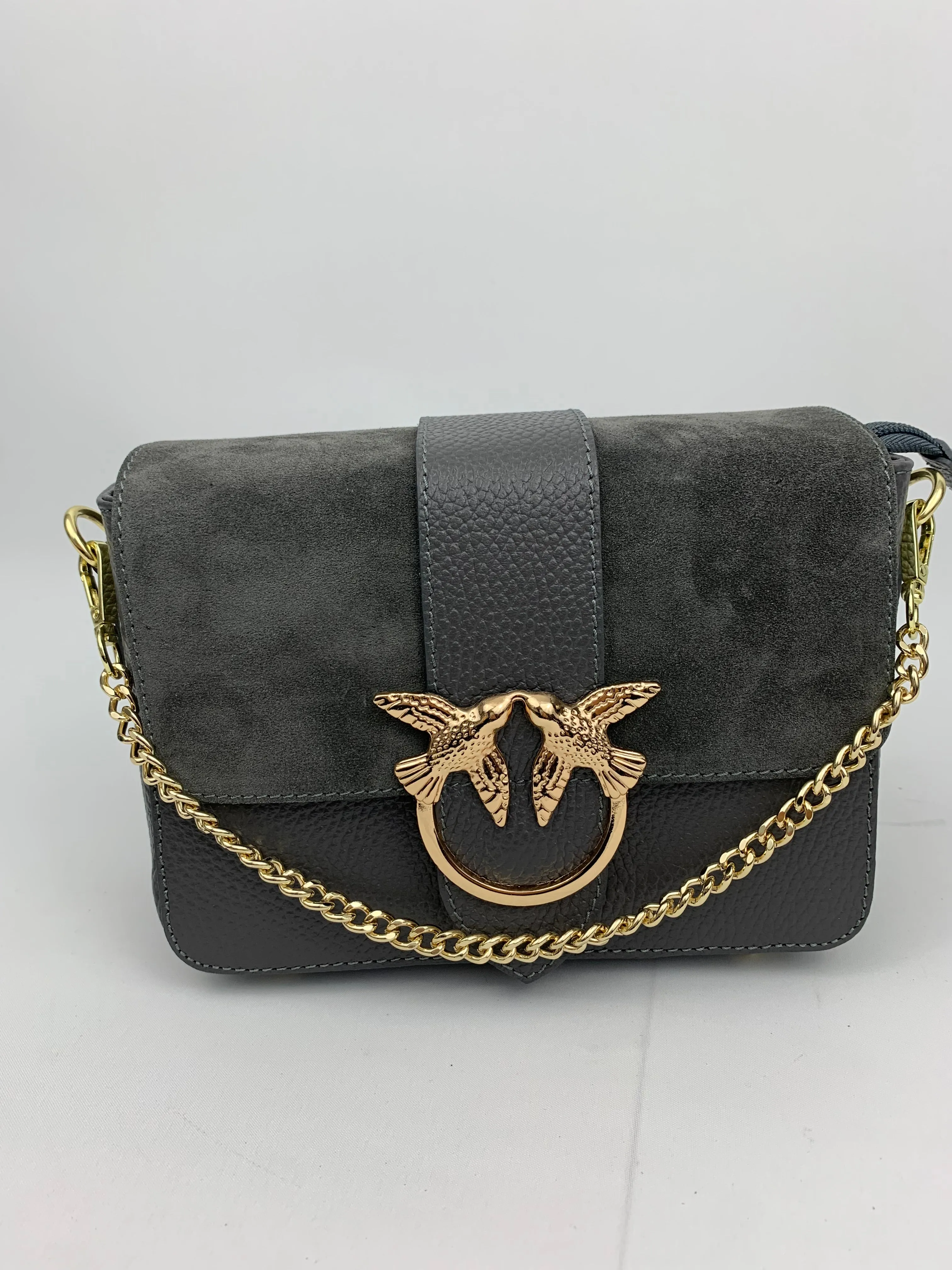 VENICE SILVER - Italian Genuine leather top handle/ crossbody bag with suede front flap
