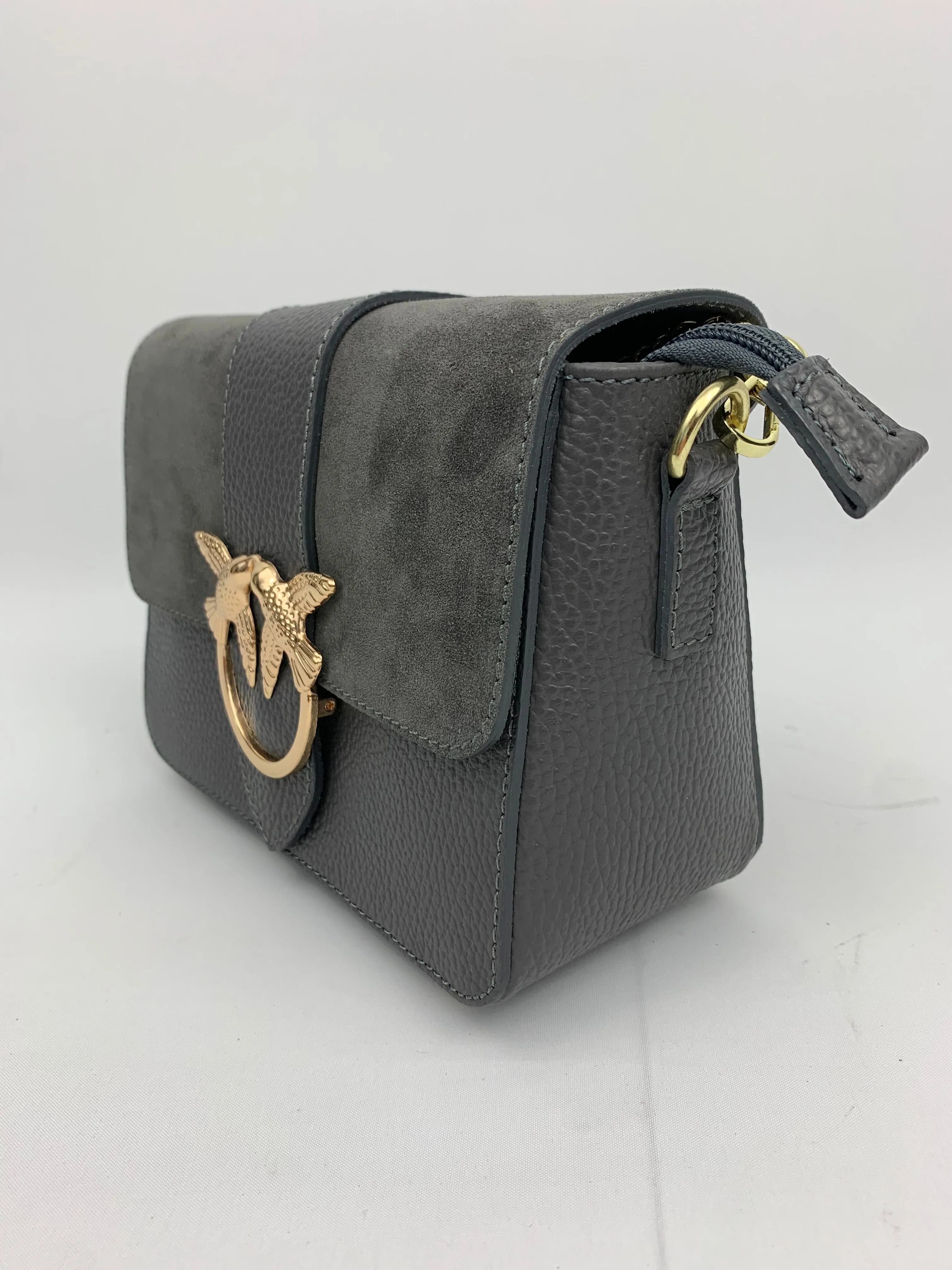 VENICE SILVER - Italian Genuine leather top handle/ crossbody bag with suede front flap