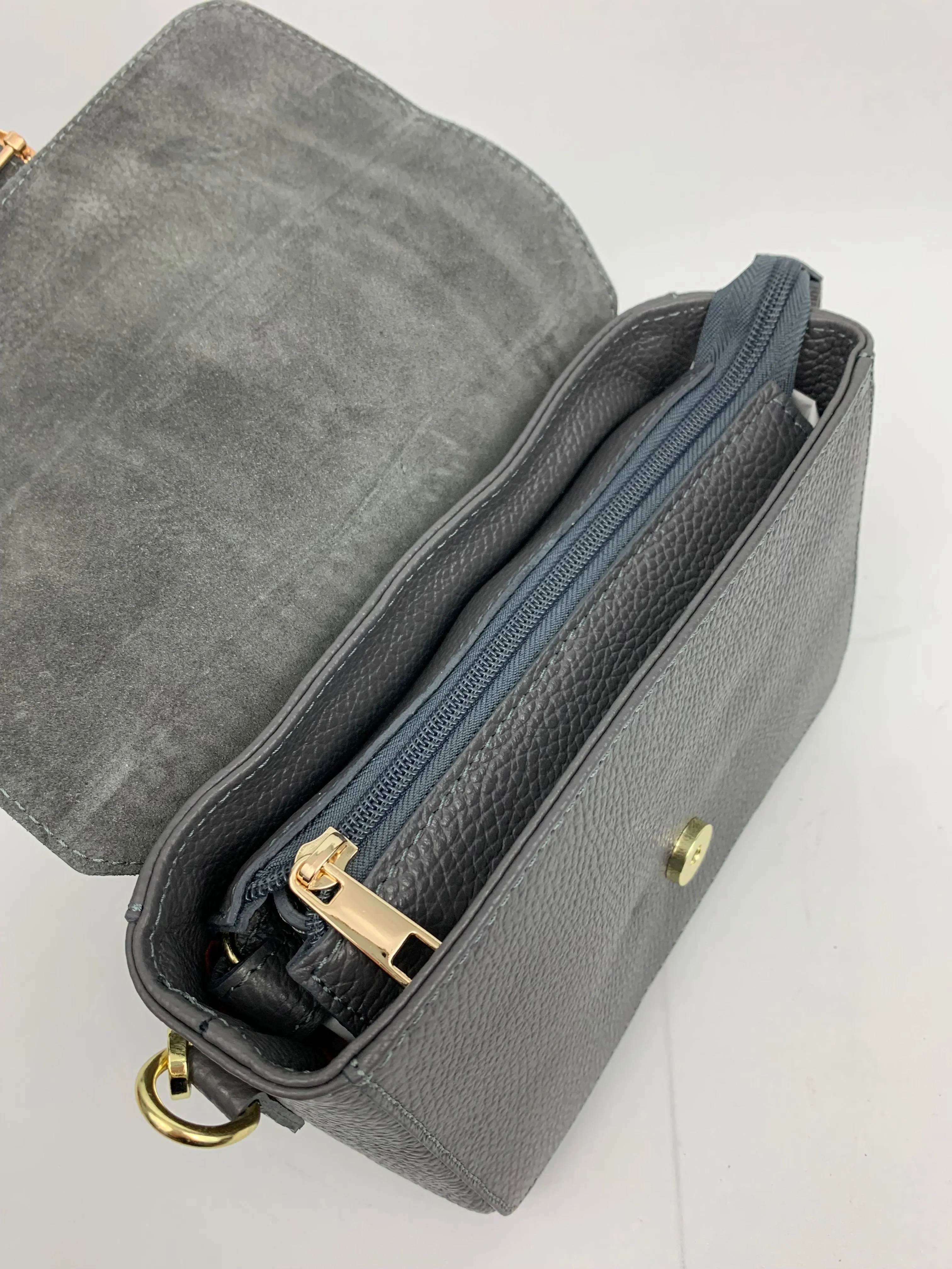 VENICE SILVER - Italian Genuine leather top handle/ crossbody bag with suede front flap