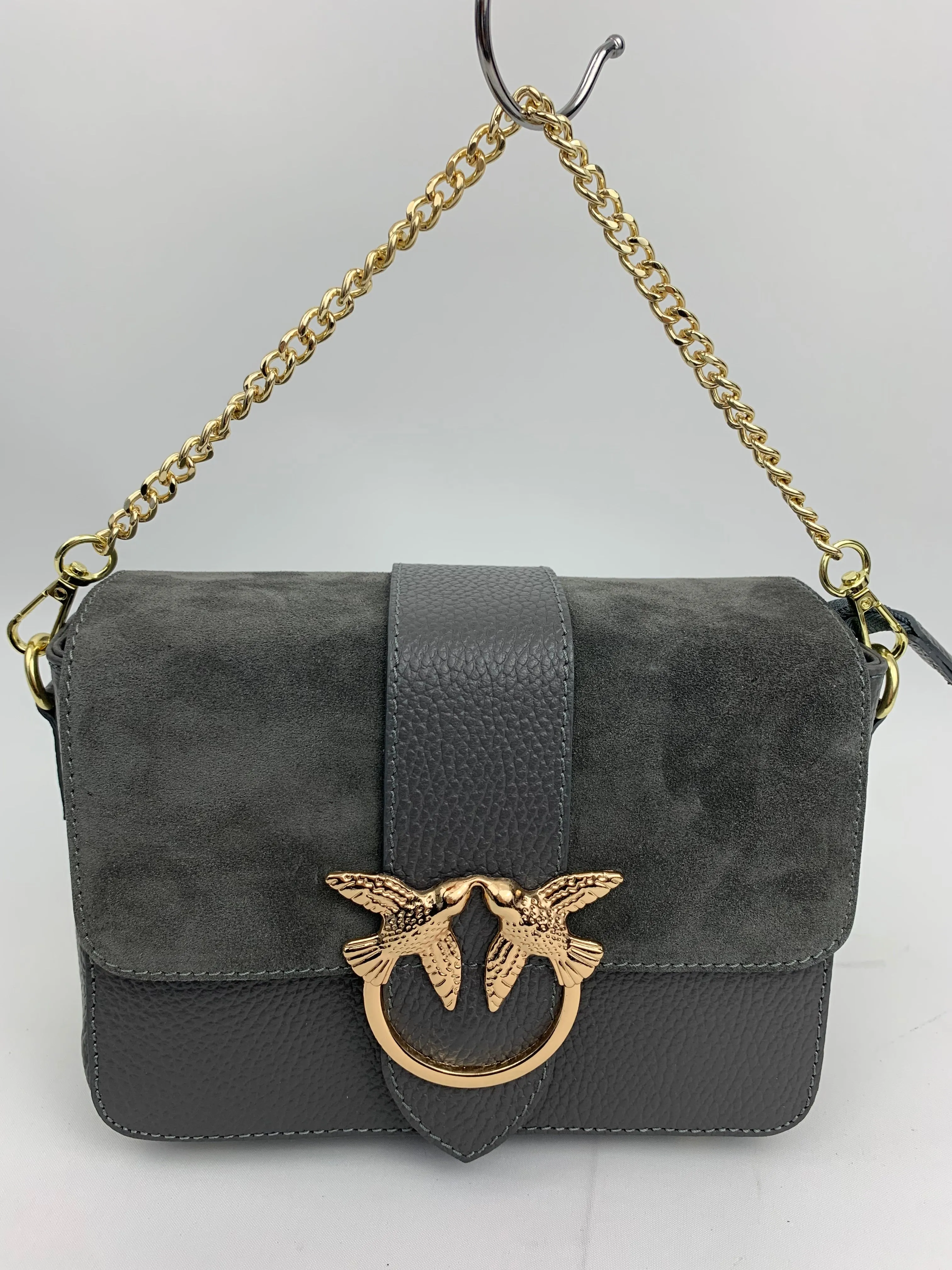 VENICE SILVER - Italian Genuine leather top handle/ crossbody bag with suede front flap
