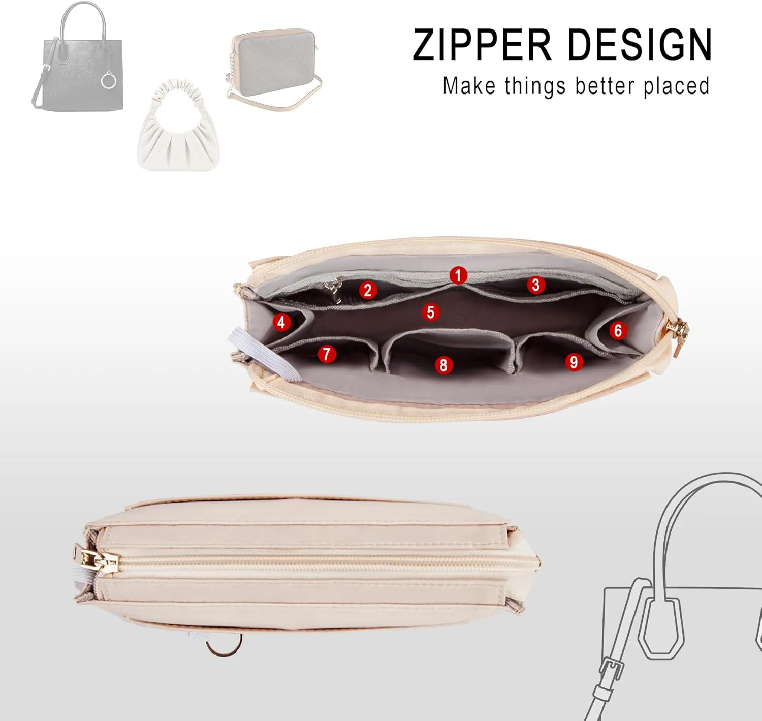 Vercord Purse Organizer Insert with Zipper for Women Hobo Handbags Shaper Insert 12 Pockets Bag Beige Small