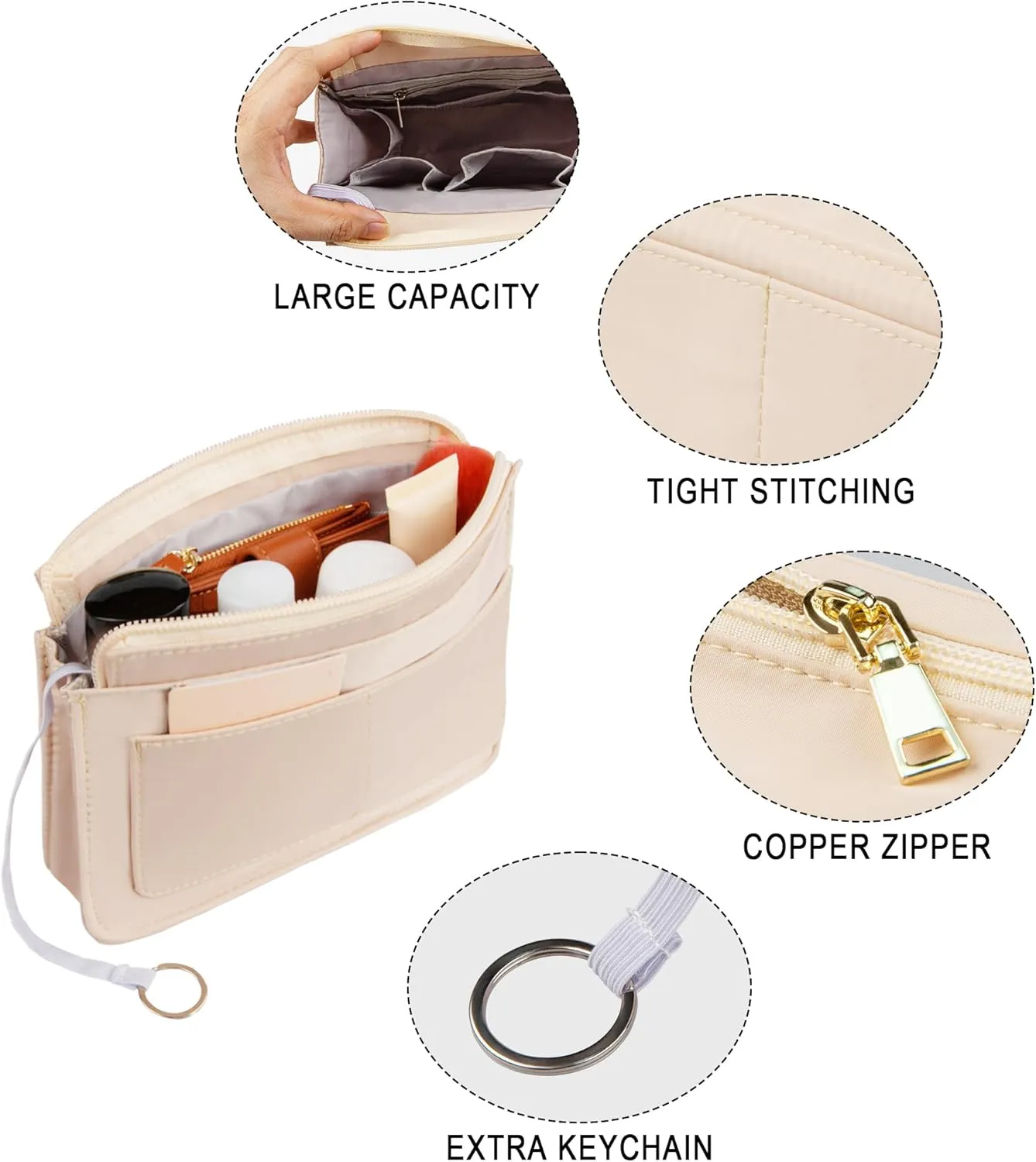 Vercord Purse Organizer Insert with Zipper for Women Hobo Handbags Shaper Insert 12 Pockets Bag Beige Small